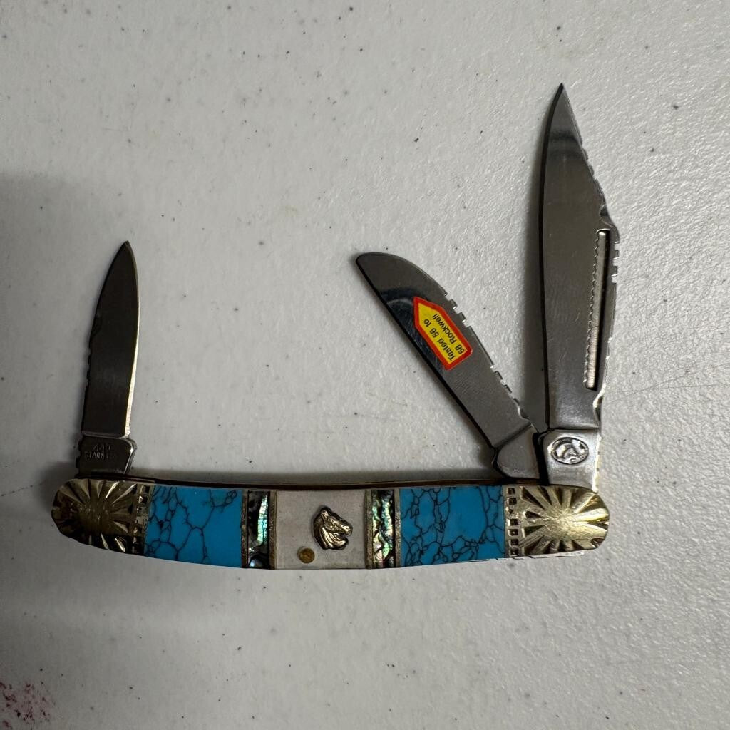 Silverhorse Stoneworks 3 Blade Pocket Knife Turquoise Abalone Pearl Horse Head