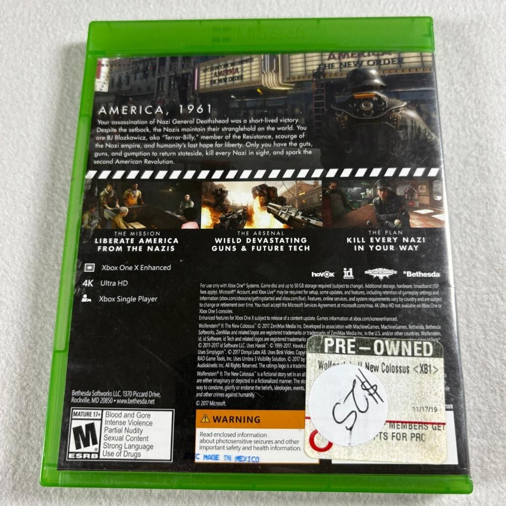 Wolfenstein II The New Colossus Xbox One Game Complete with Manual