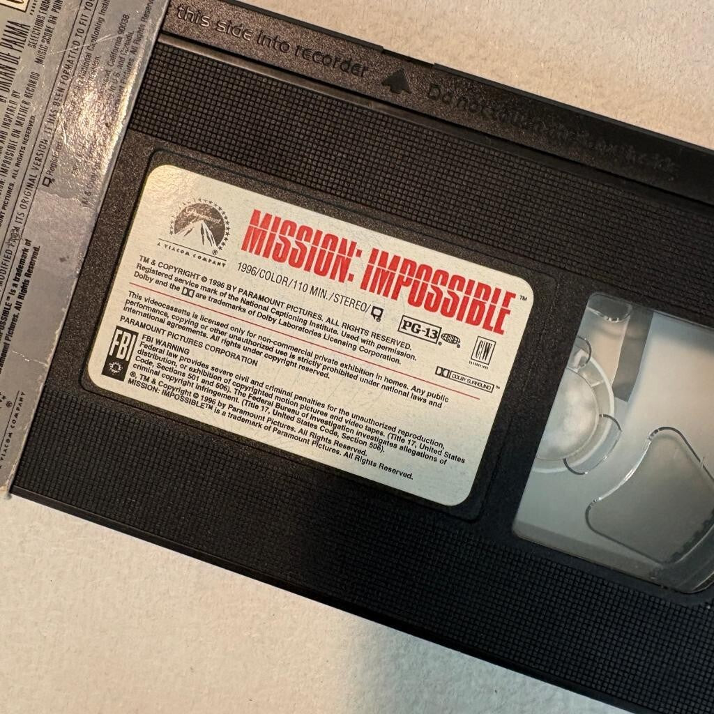 Mission Impossible VHS Tom Cruise 1996 Paramount Pictures Action Movie
