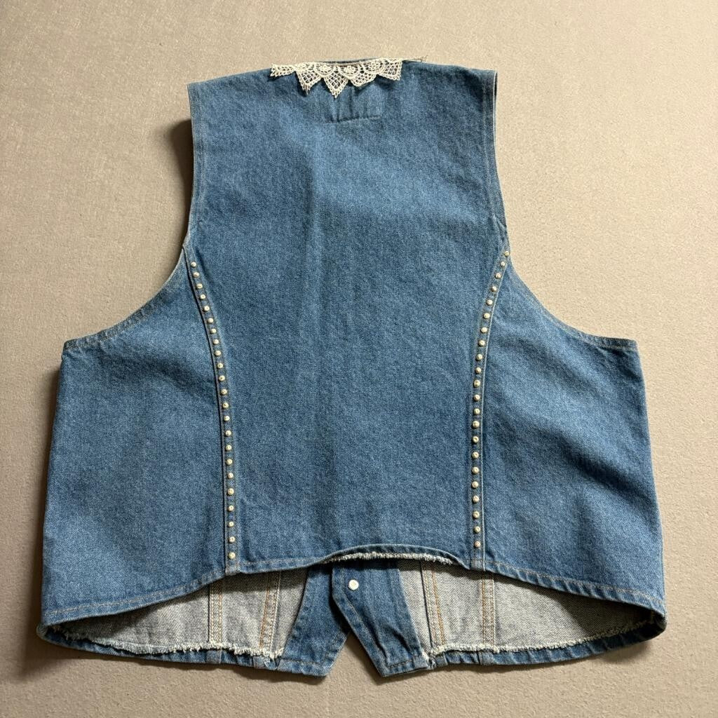 FLD Denim Vintage Womens Large Blue Jean Vest Lace Trim Faux Pearl Studded USA