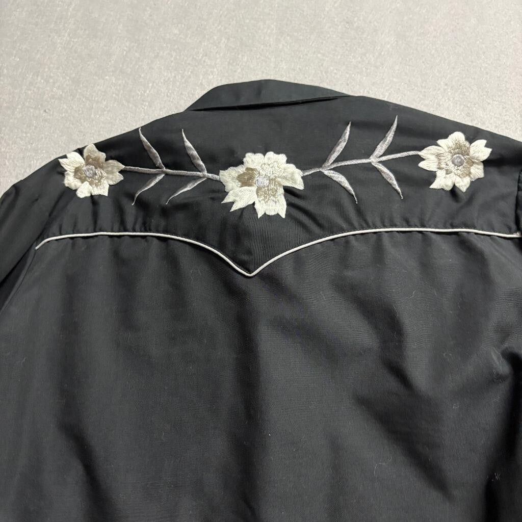 Vintage Karman Western Shirt Mens 40 Black Embroidered Floral Pearl Snap Cowboy