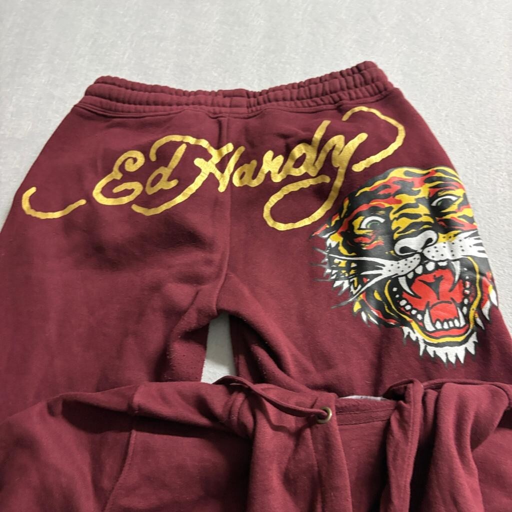 Ed Hardy Womens Tracksuit Set Small Maroon Tiger Graphic Crop Hoodie Sweatpants
