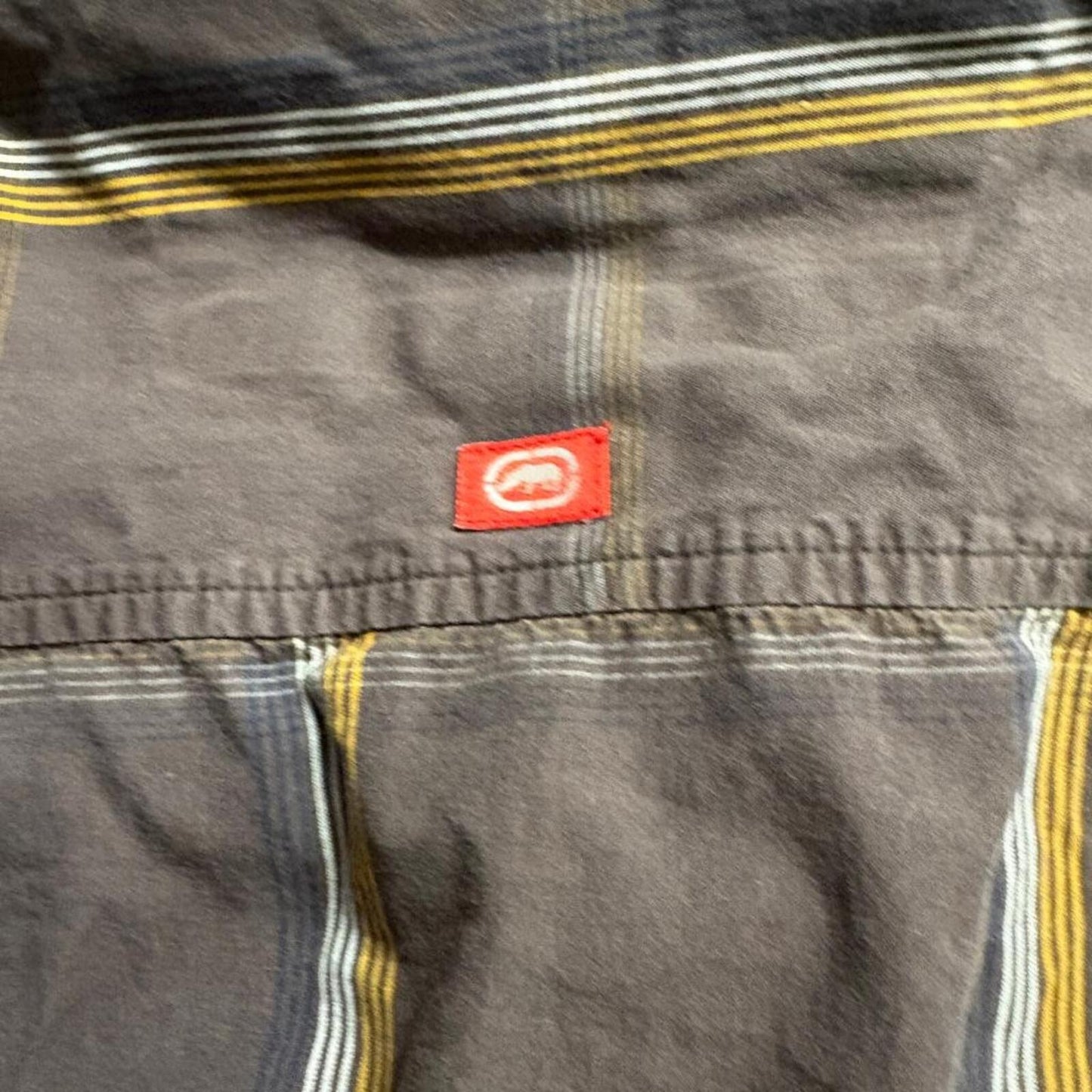 Ecko Unltd Mens XL Brown Striped Short Sleeve Button Up Woven Cotton Shirt Y2K