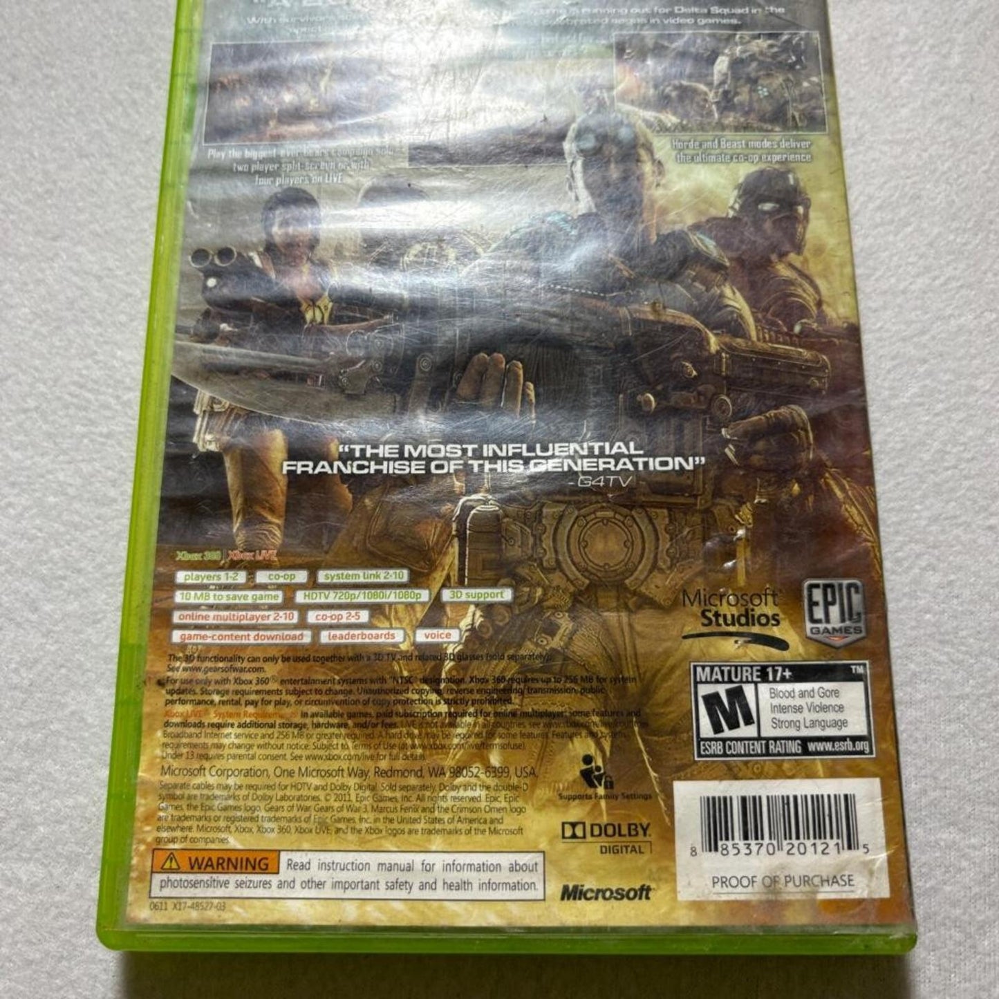 Gears of War 3 Microsoft Xbox 360 Game Disc Case Heavily Scratched Read