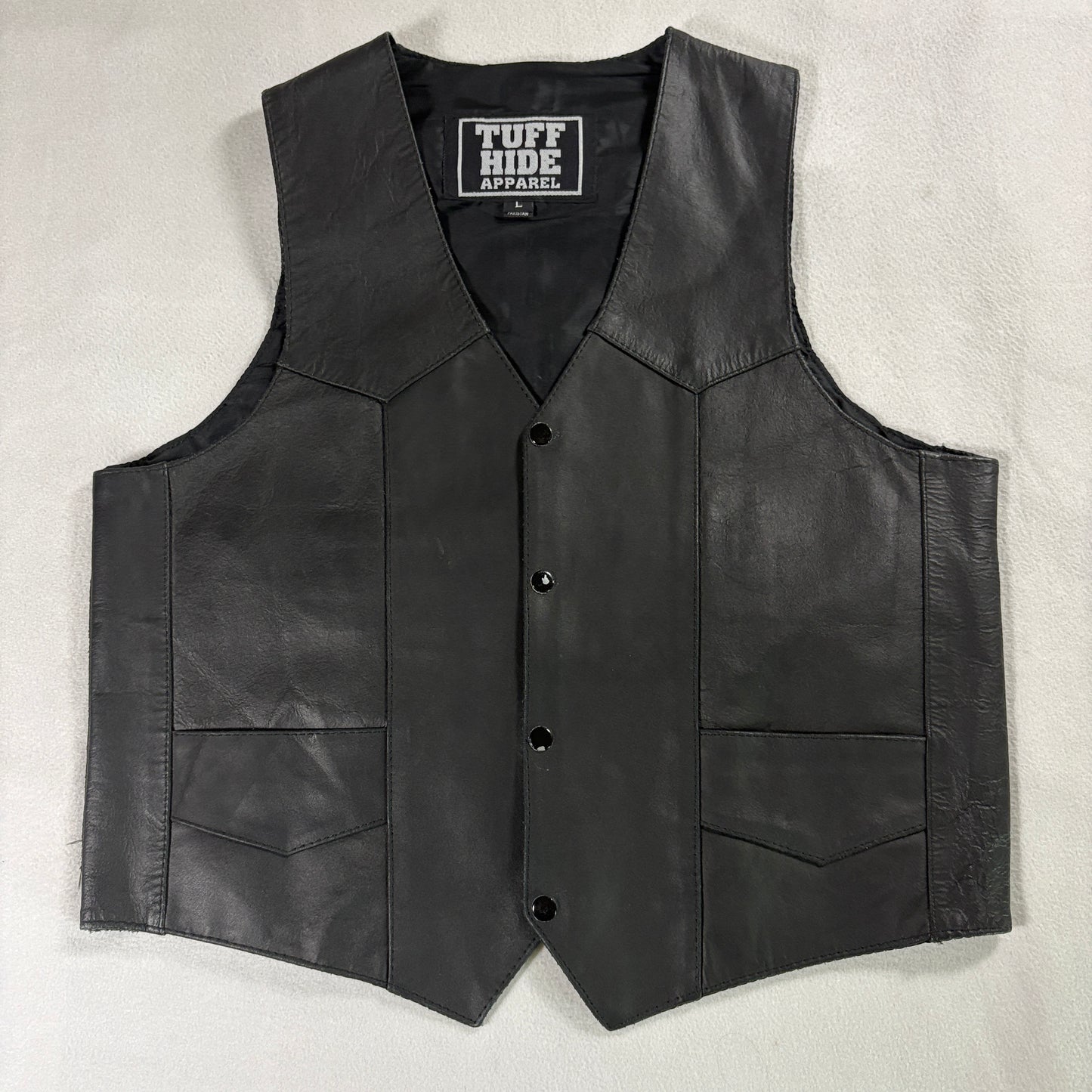 Tuff Hide Leather Vest Men L Black Biker Western Motorcycle Snap Front Pockets