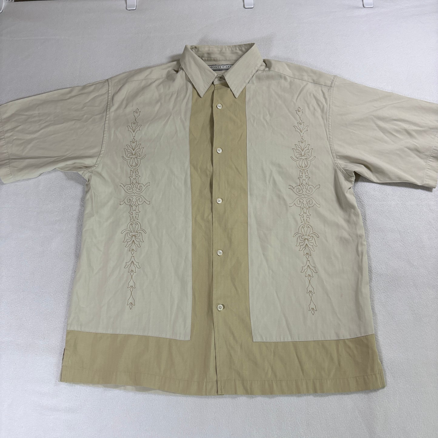 Monte Carlo Shirt Men L Beige Camp Guayabera Embroidered Button Up Casual