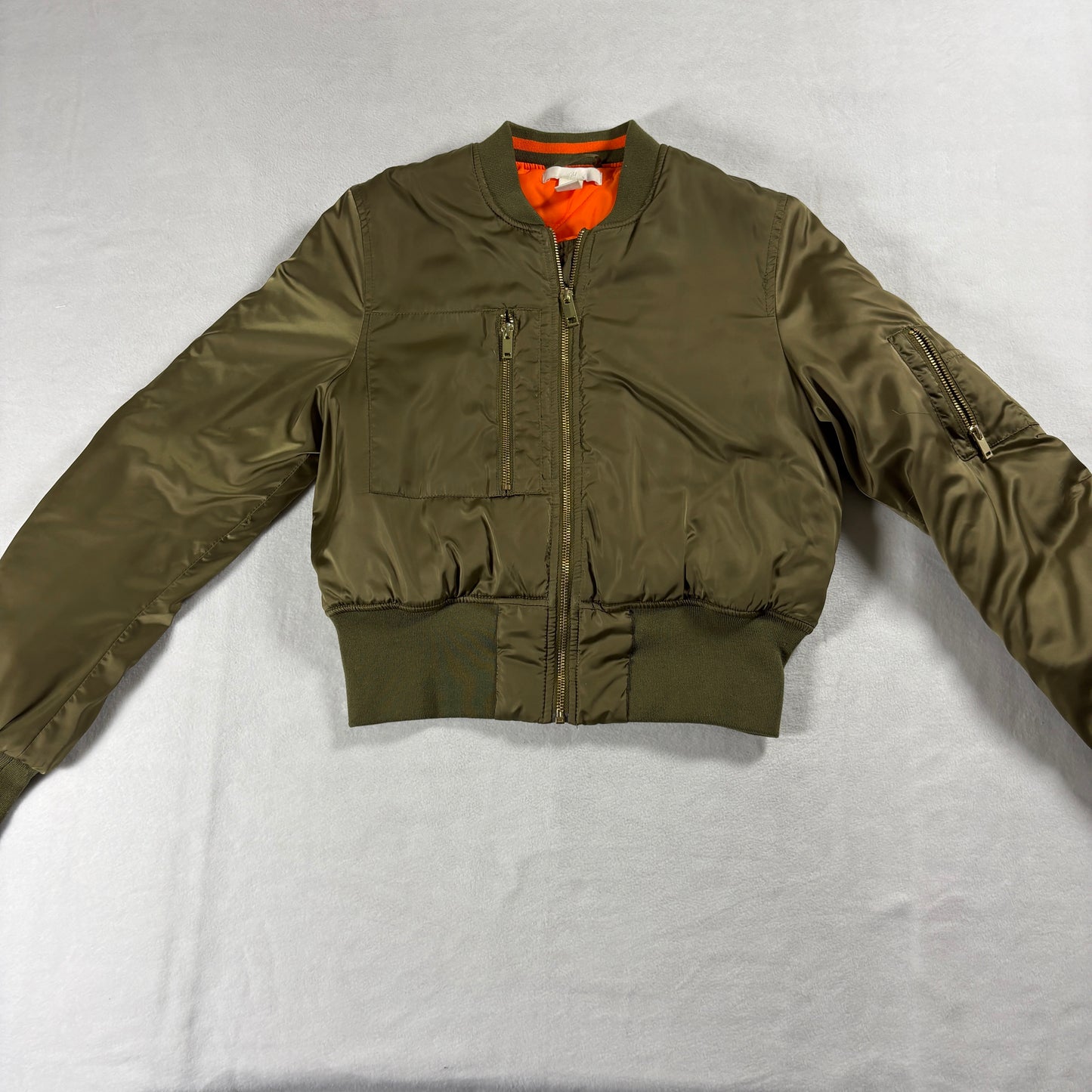 Olive Green Bomber Jacket Womens US 4 Cropped Zip Up Orange Lined