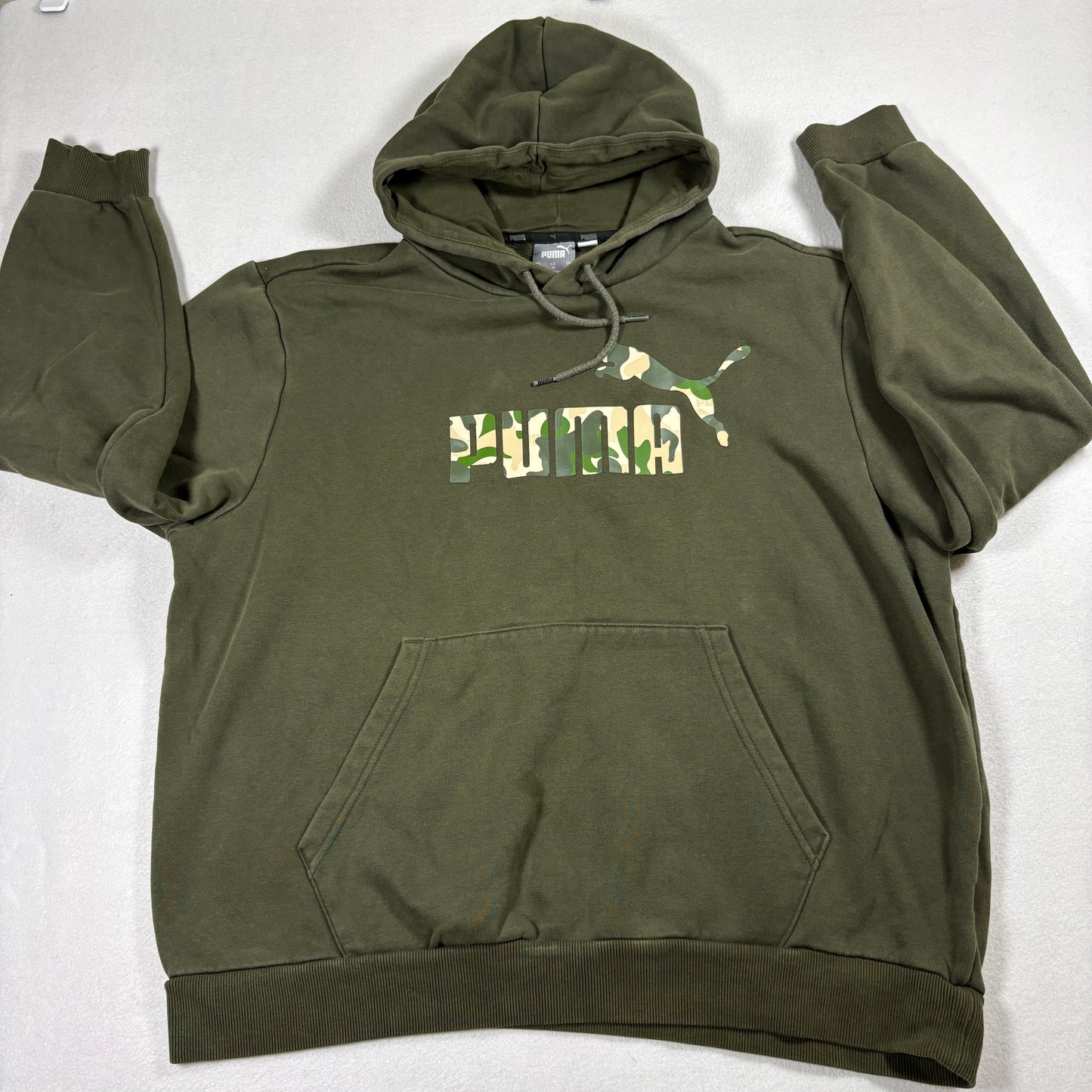 Puma Hoodie Mens XL Olive Green Camo Logo Pullover Sweatshirt Streetwear