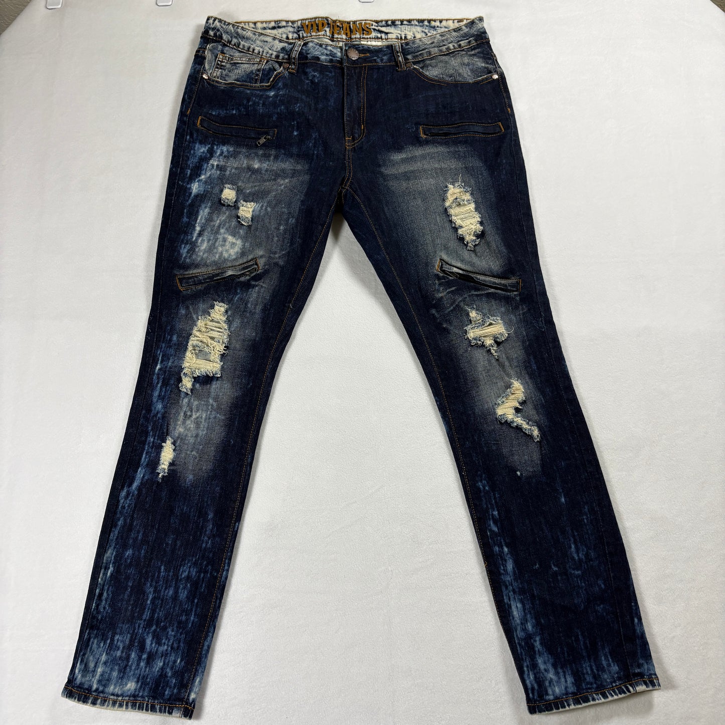 VIP Jeans Womens 15 Distressed Skinny Stretch Denim Dark Wash Ripped Zips Y2K Up