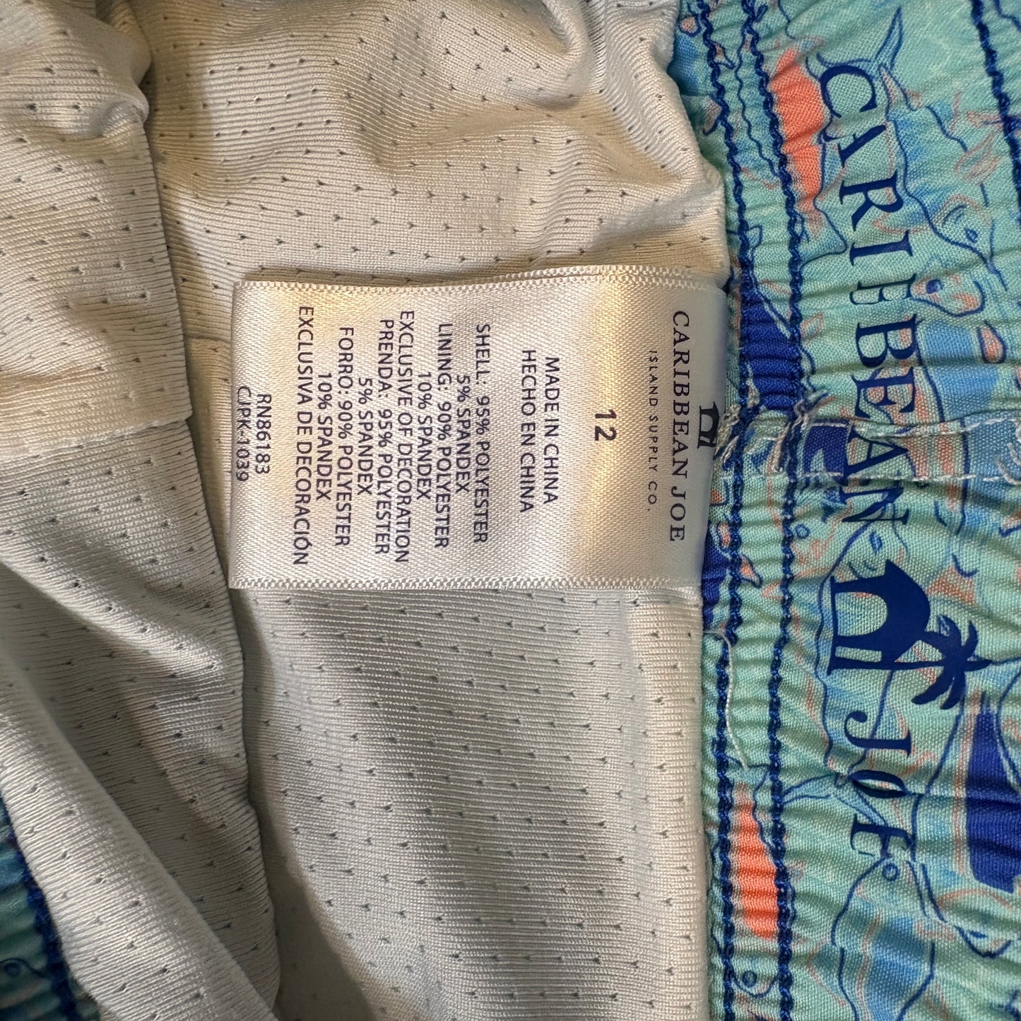 Caribbean Joe Men’s Swim Trunks Size 12 Fish Print Blue Green Drawstring Mesh Liner