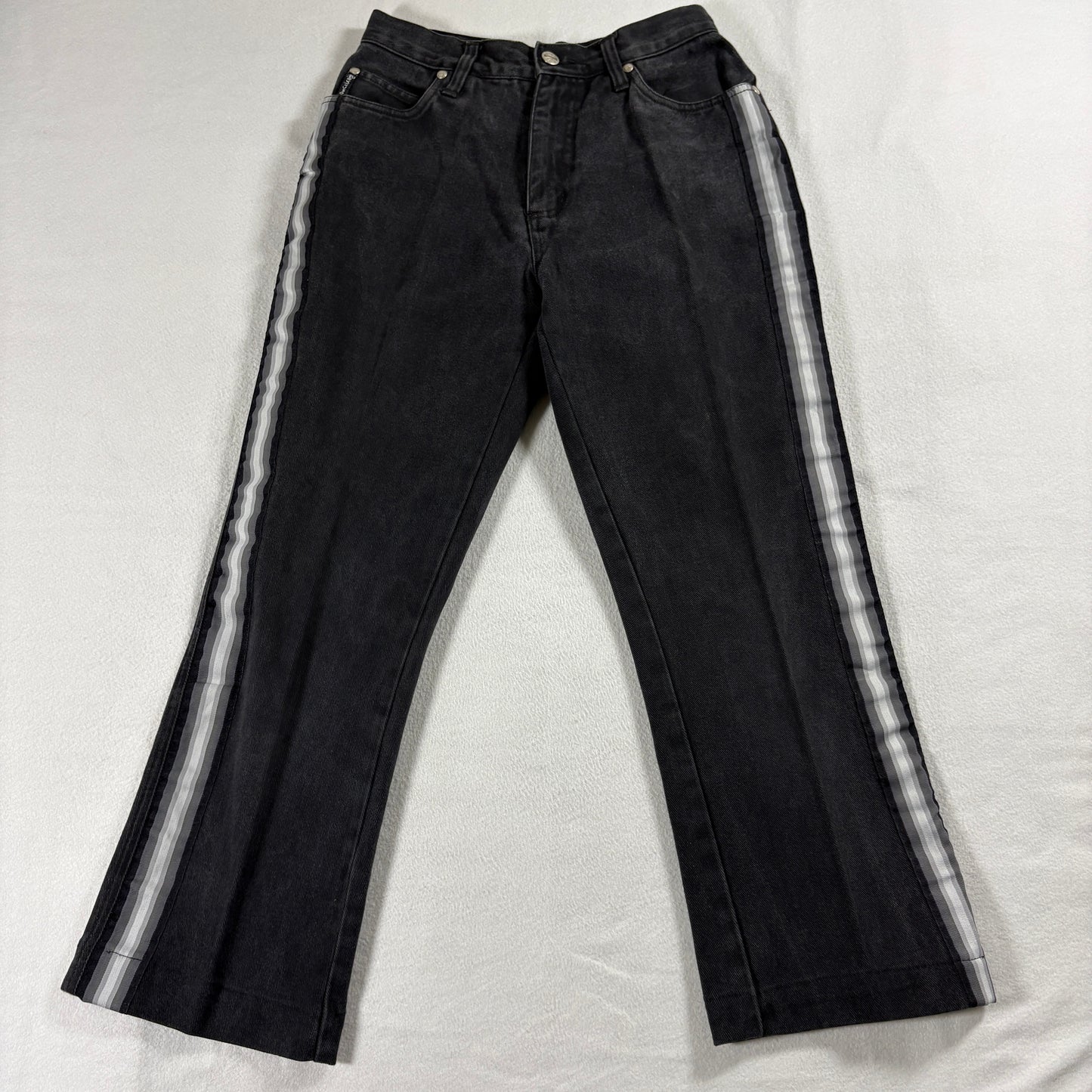 No Excuses Denim Flare Leg Jeans Womens 7/8 Black Side Stripe Y2K 100% Cotton