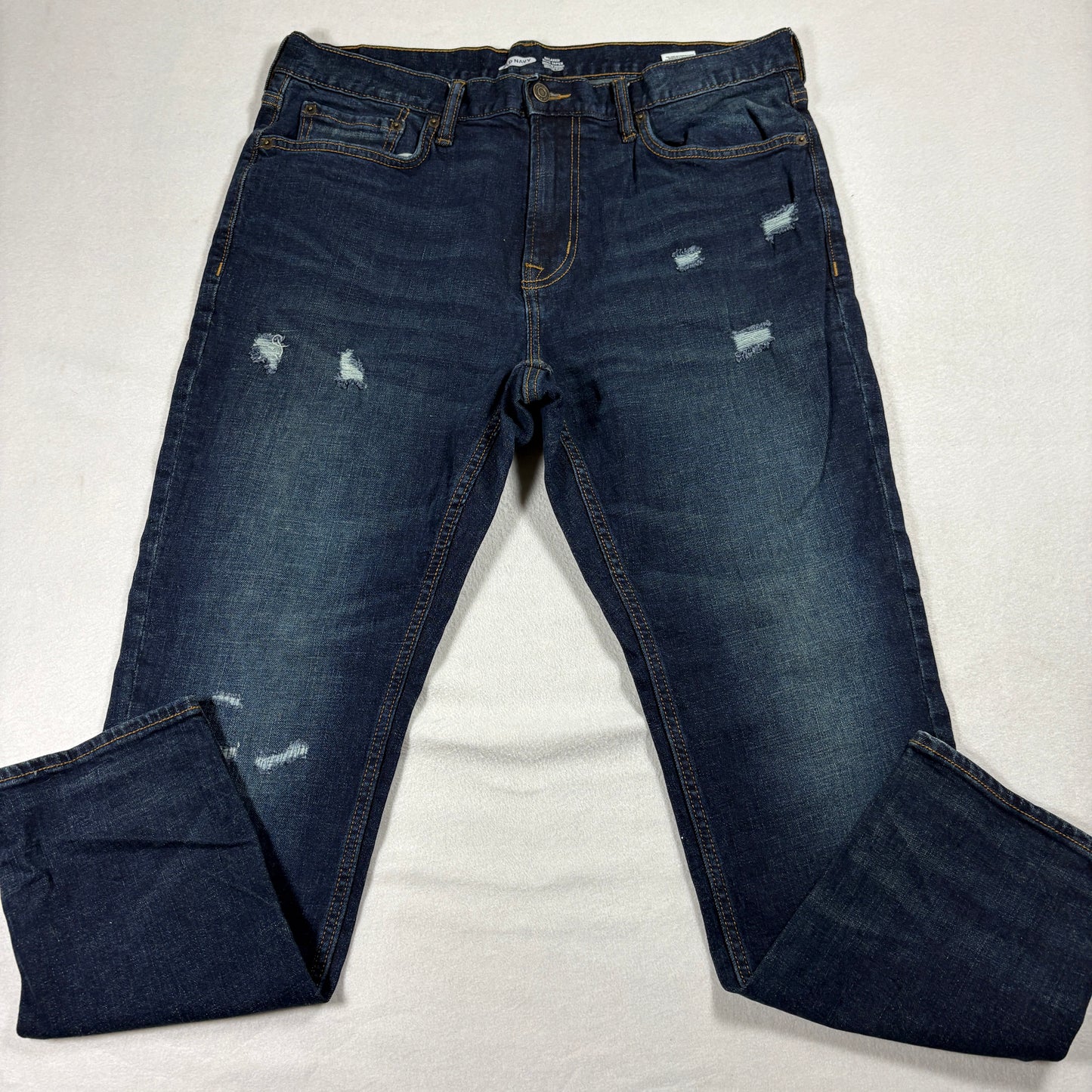 Old Navy Relaxed Slim Taper Jeans Mens 36x30 Dark Wash Distressed Built-In Flex