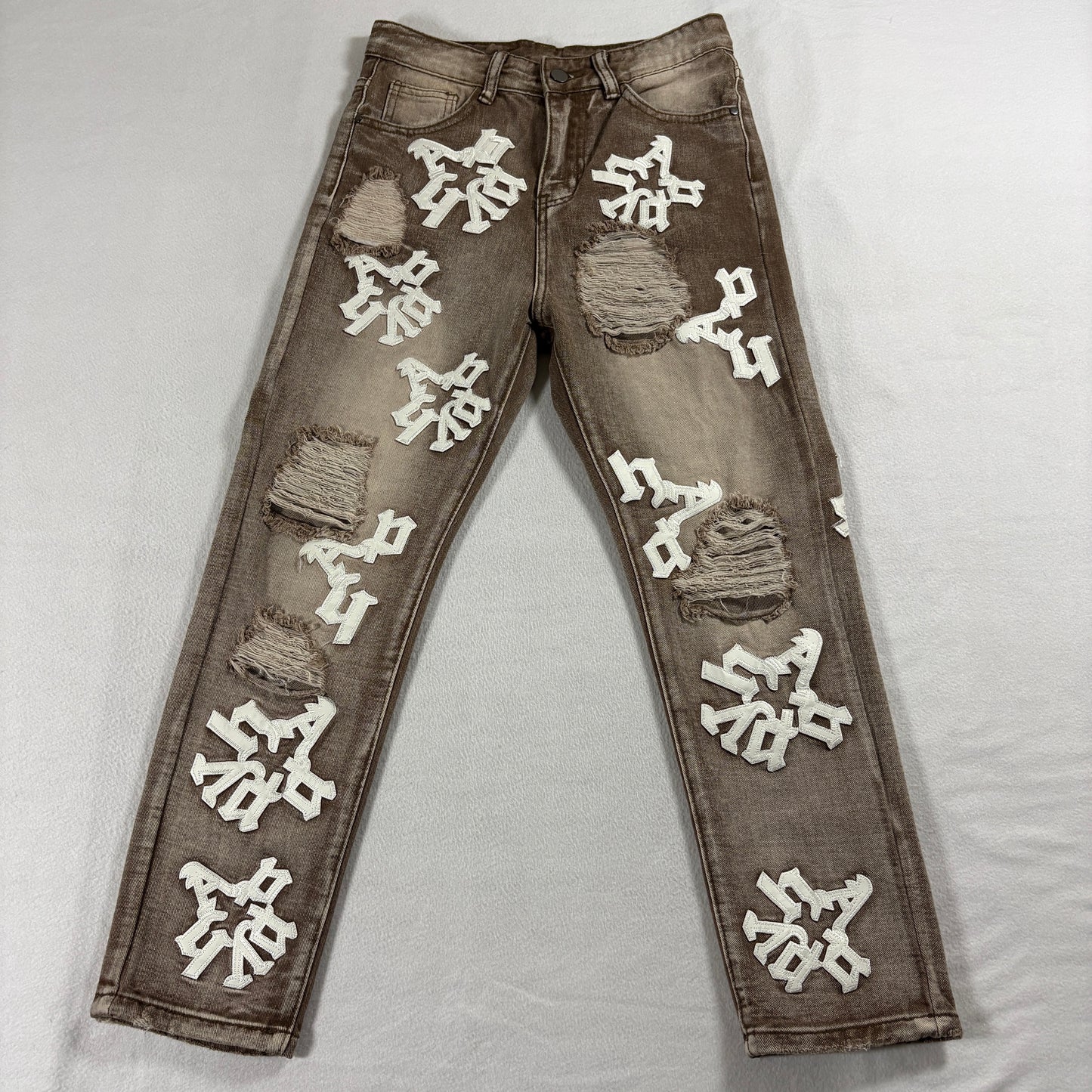 Kids Distressed Patchwork Jeans Brown Straight Leg Streetwear 12Y Grunge Skater