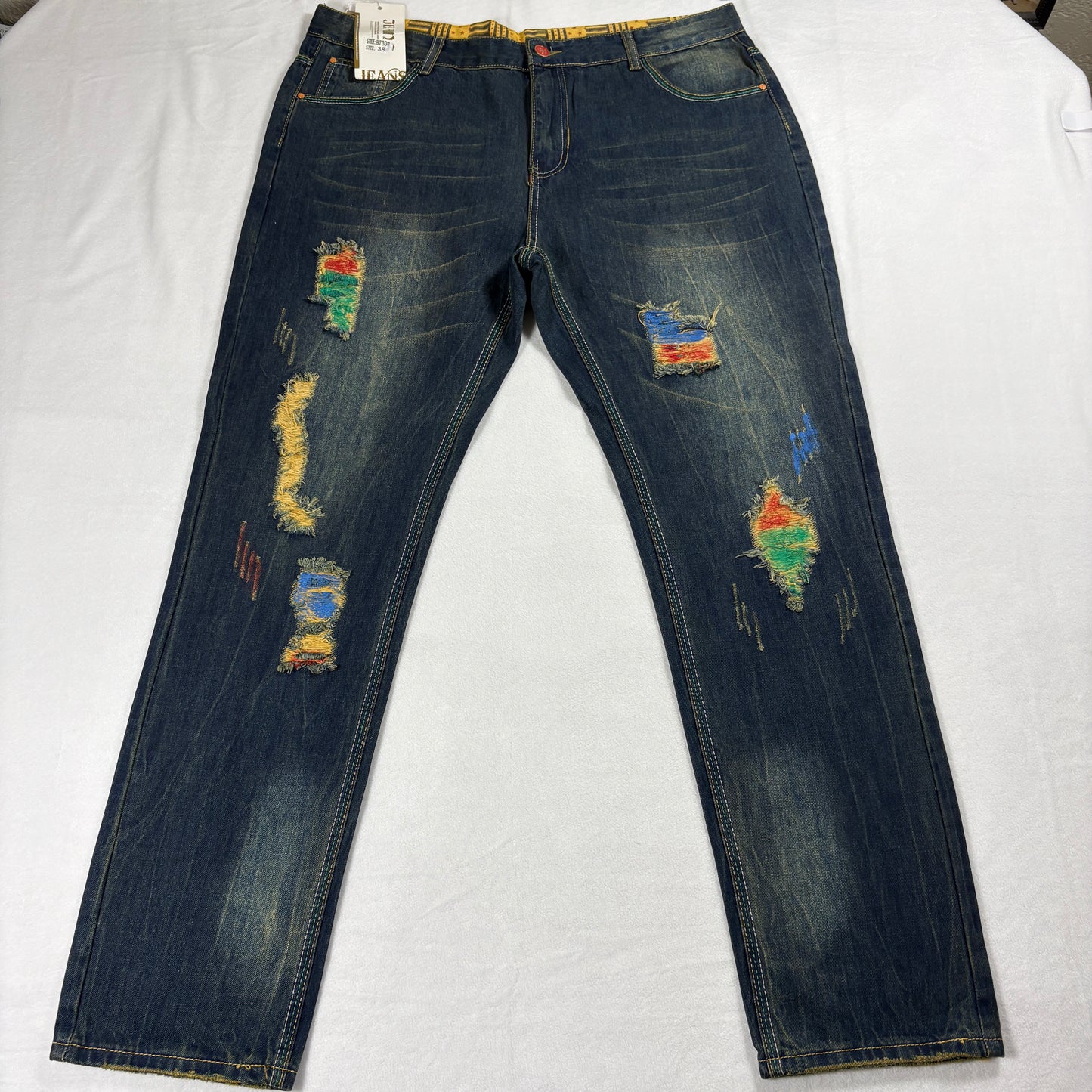 Mens Distressed Jeans Size 38 Dark Wash Straight Leg Color Patch Streetwear Y2K!
