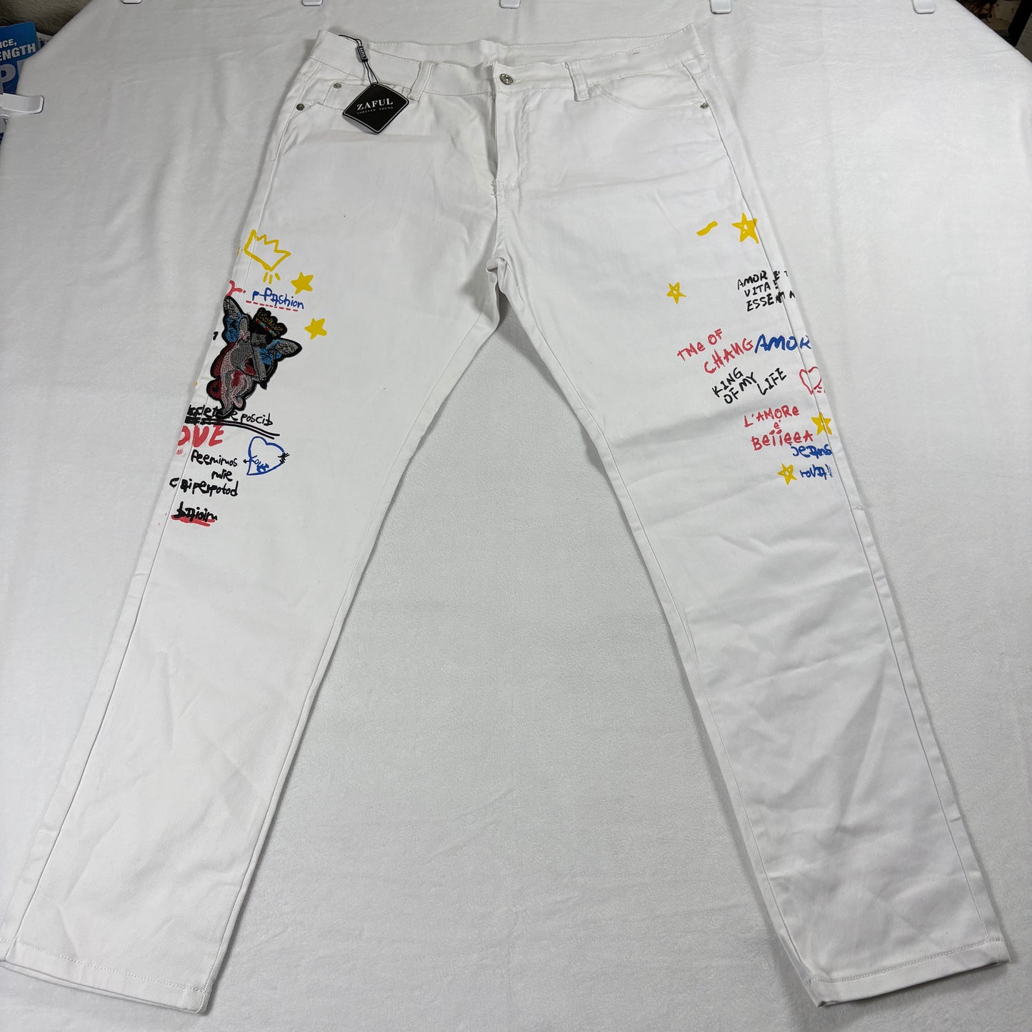 Mens White Graphic Jeans Size 38 Slim Fit Painted Art Streetwear Y2K Denim NWT