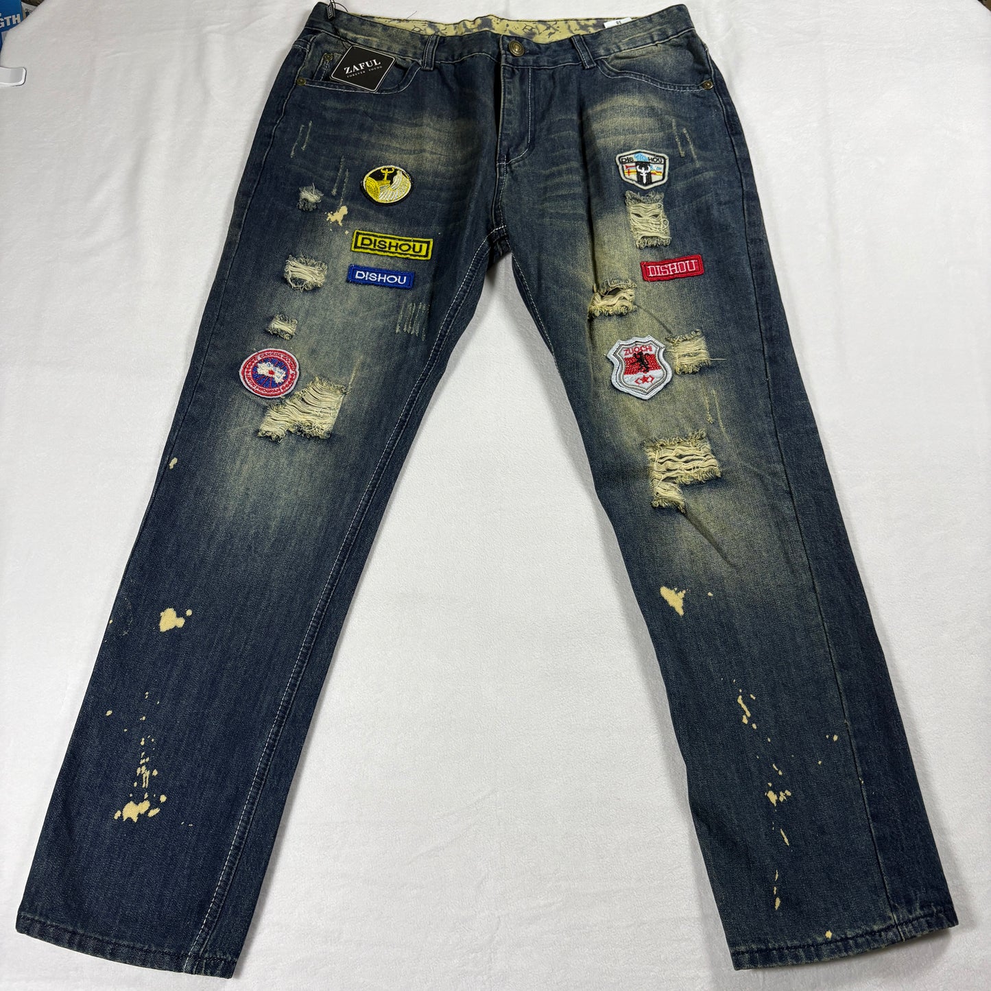 Mens Dark Wash Distressed Jeans Size 38 Patchwork Denim Slim Fit Streetwear NWT