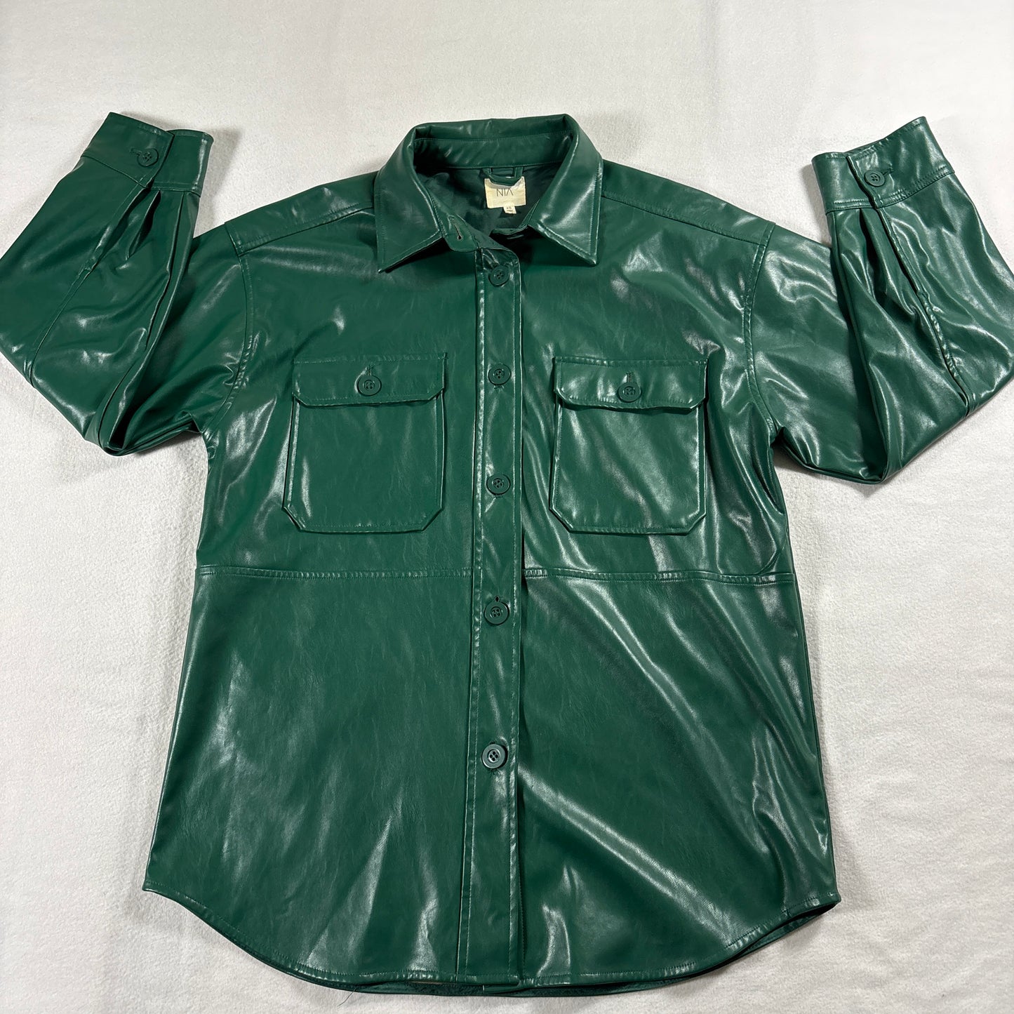NIA Faux Leather Shirt Jacket Womens XS Green Button Front Shacket