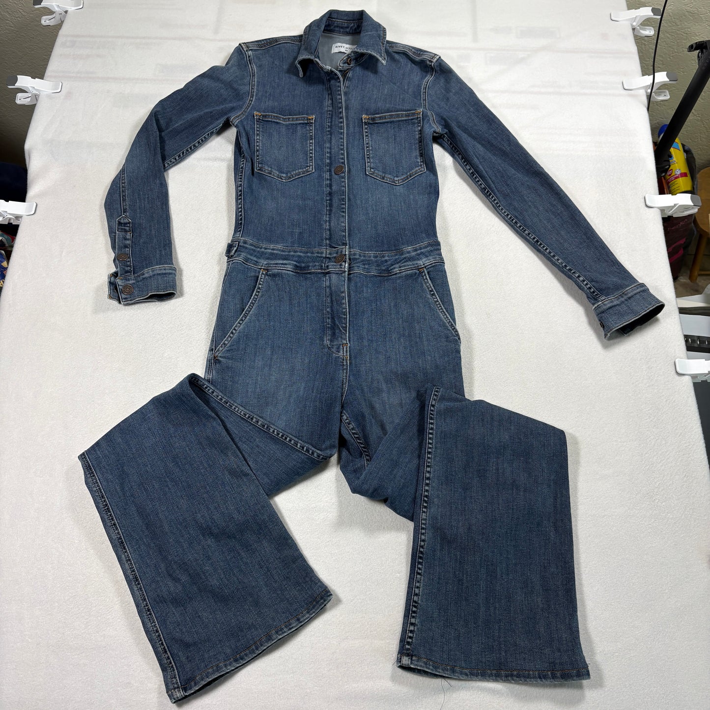 Rivet Utility Denim Jumpsuit Womens XS Blue Long Sleeve Zip Front Flare Leg