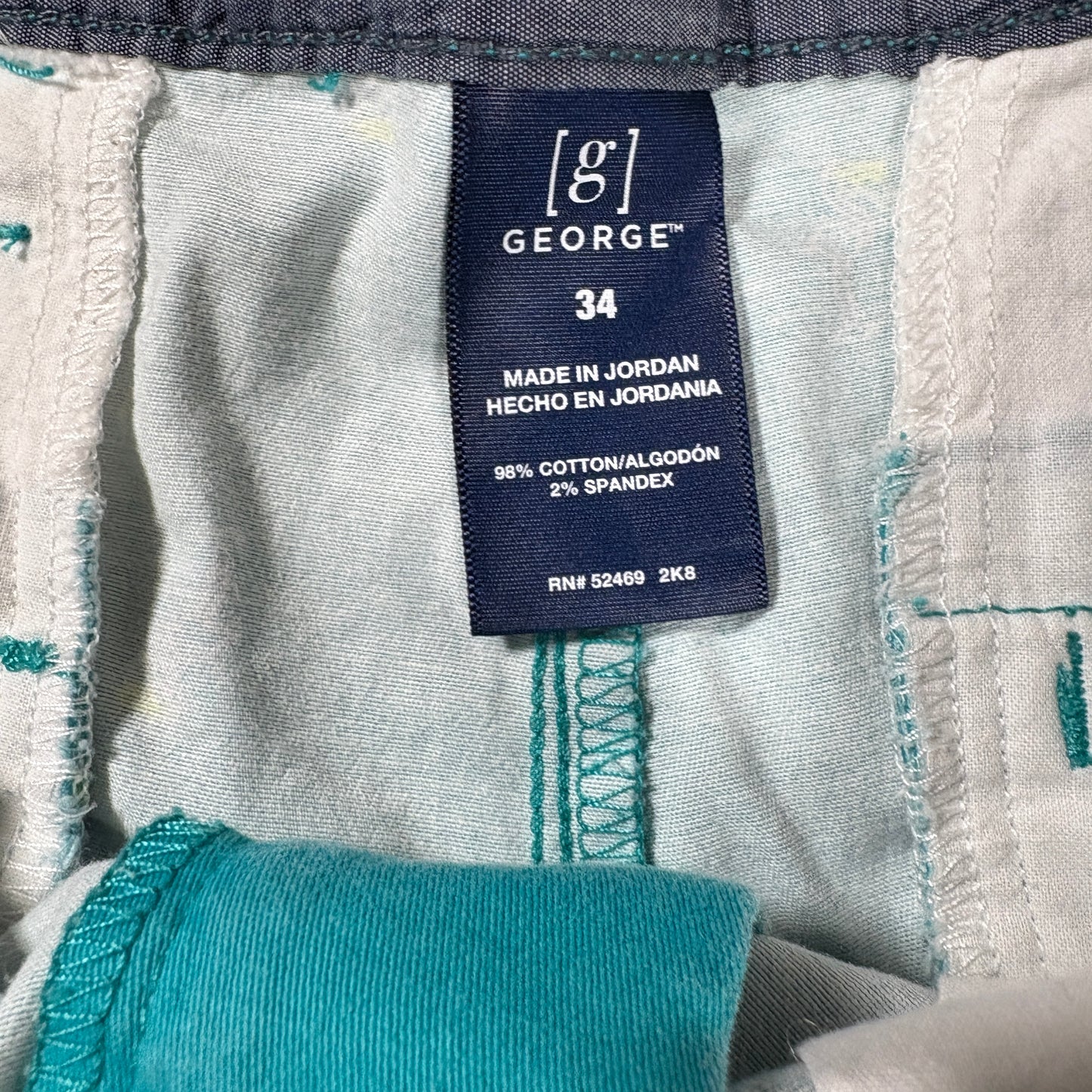 George Men’s Shorts 34 Teal Cotton Stretch Chino Casual Summer Cocktail Print