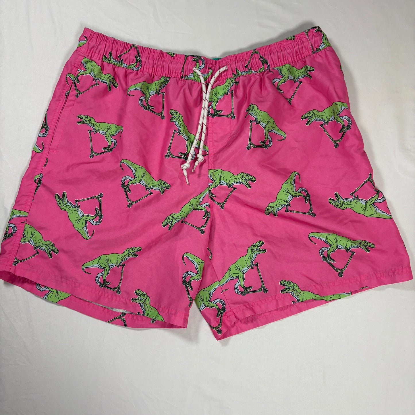 No Boundaries Men’s Swim Trunks L Pink Dinosaur Scooter Print Board Shorts Fun