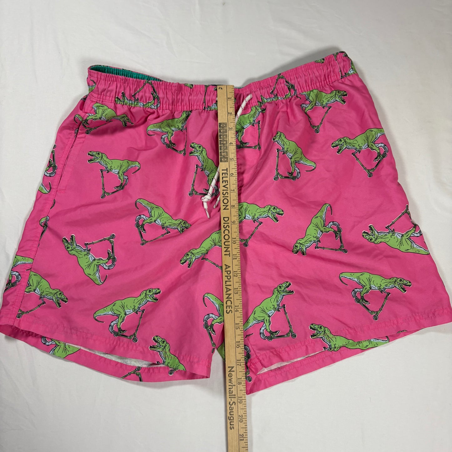 No Boundaries Men’s Swim Trunks L Pink Dinosaur Scooter Print Board Shorts Fun