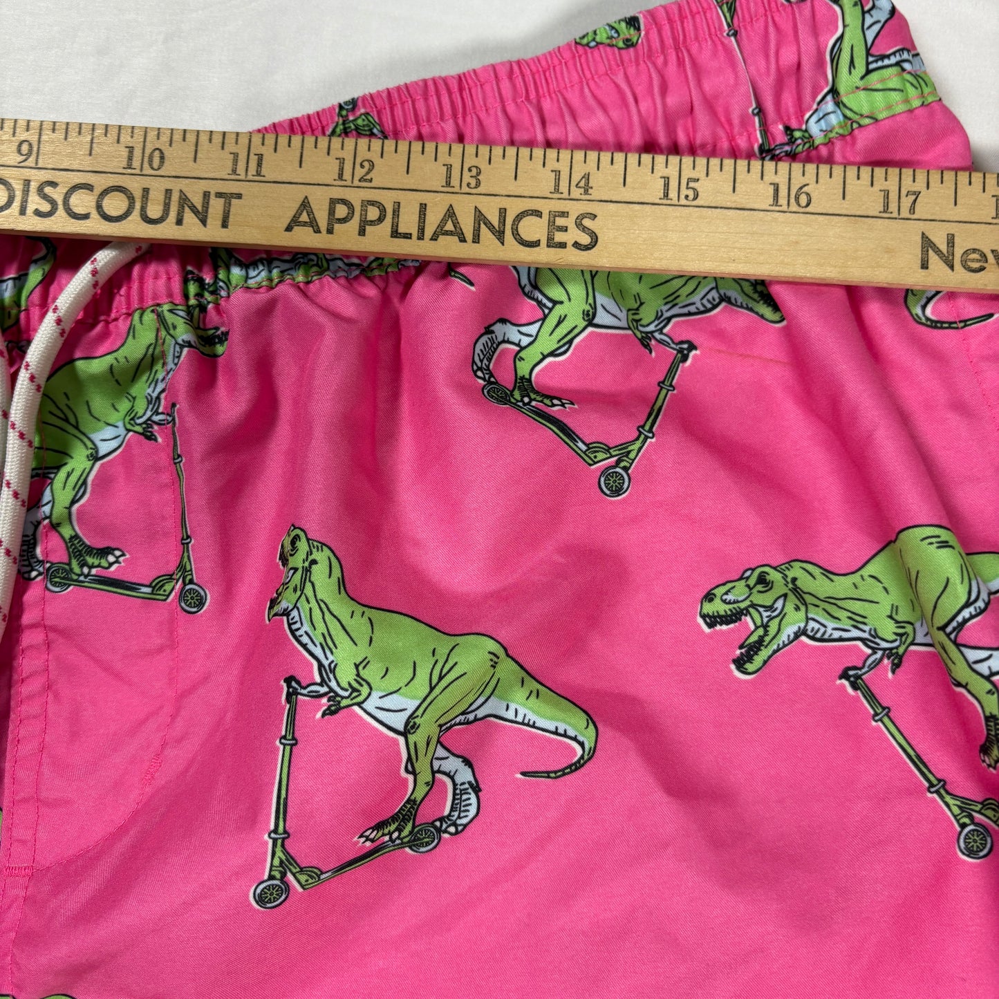 No Boundaries Men’s Swim Trunks L Pink Dinosaur Scooter Print Board Shorts Fun