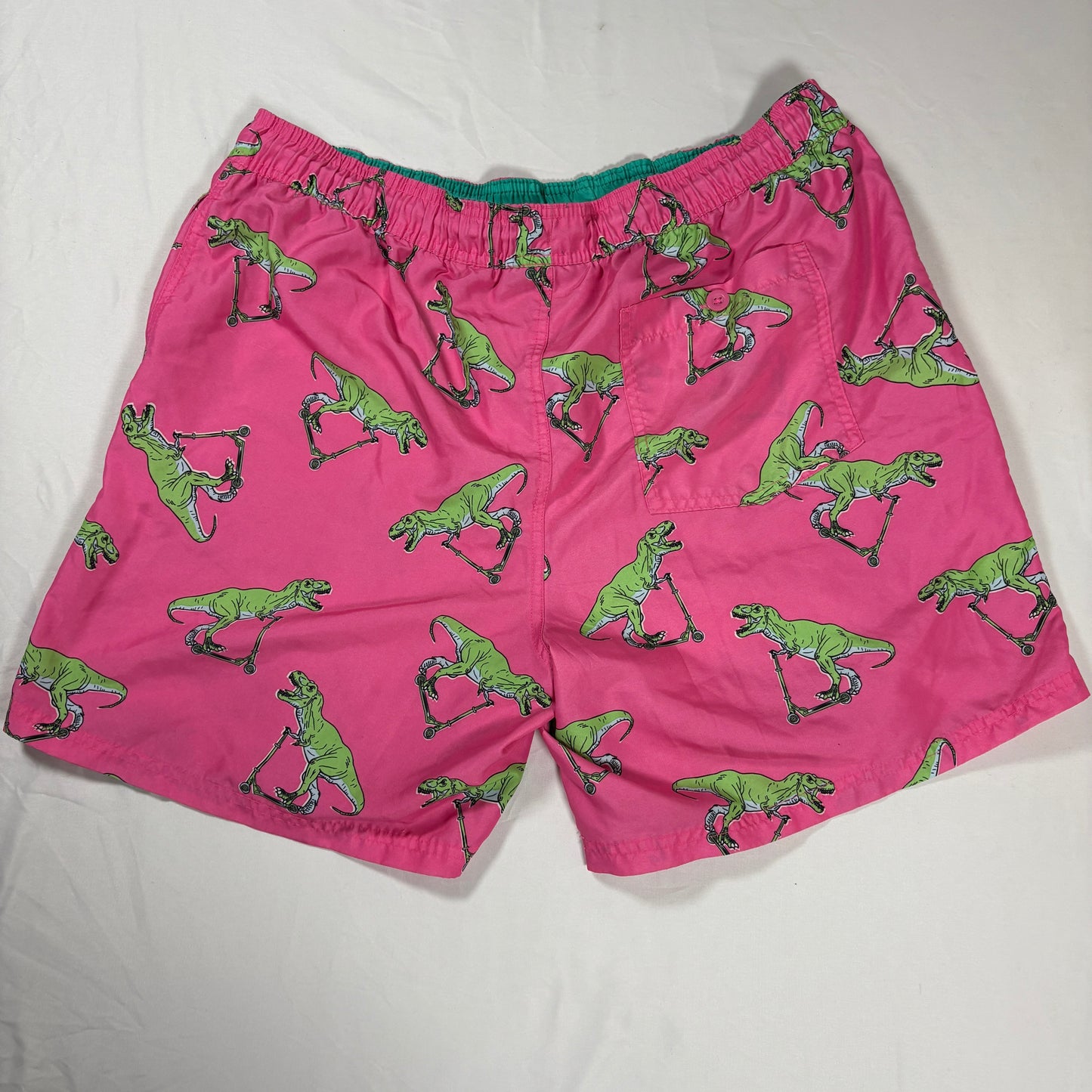 No Boundaries Men’s Swim Trunks L Pink Dinosaur Scooter Print Board Shorts Fun