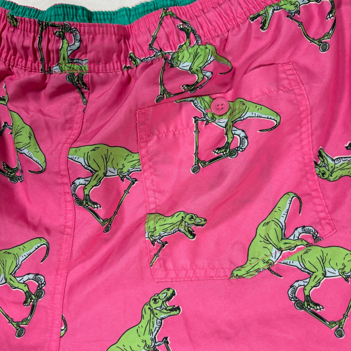 No Boundaries Men’s Swim Trunks L Pink Dinosaur Scooter Print Board Shorts Fun