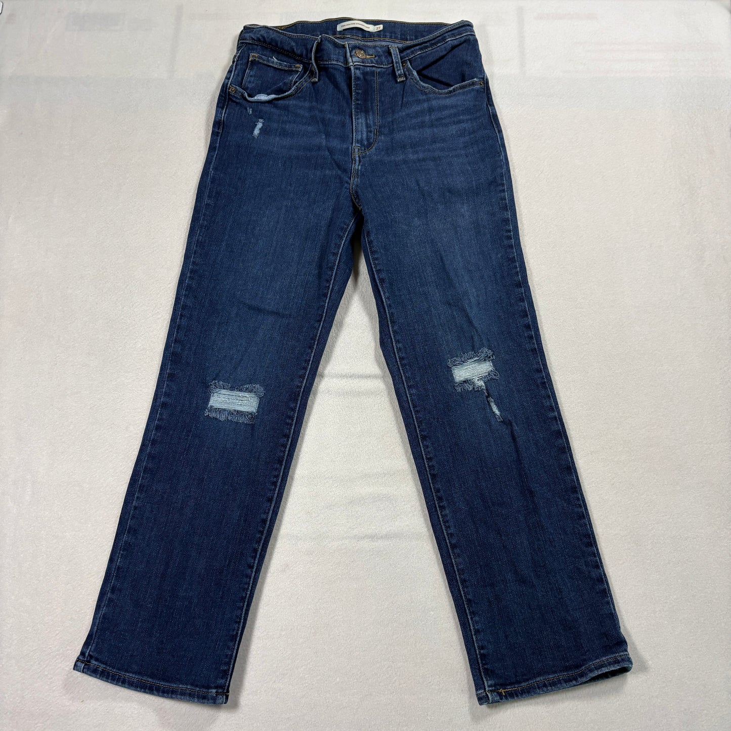 Levi’s 724 High Rise Straight Crop Jeans Womens 27 Blue Distressed Denim