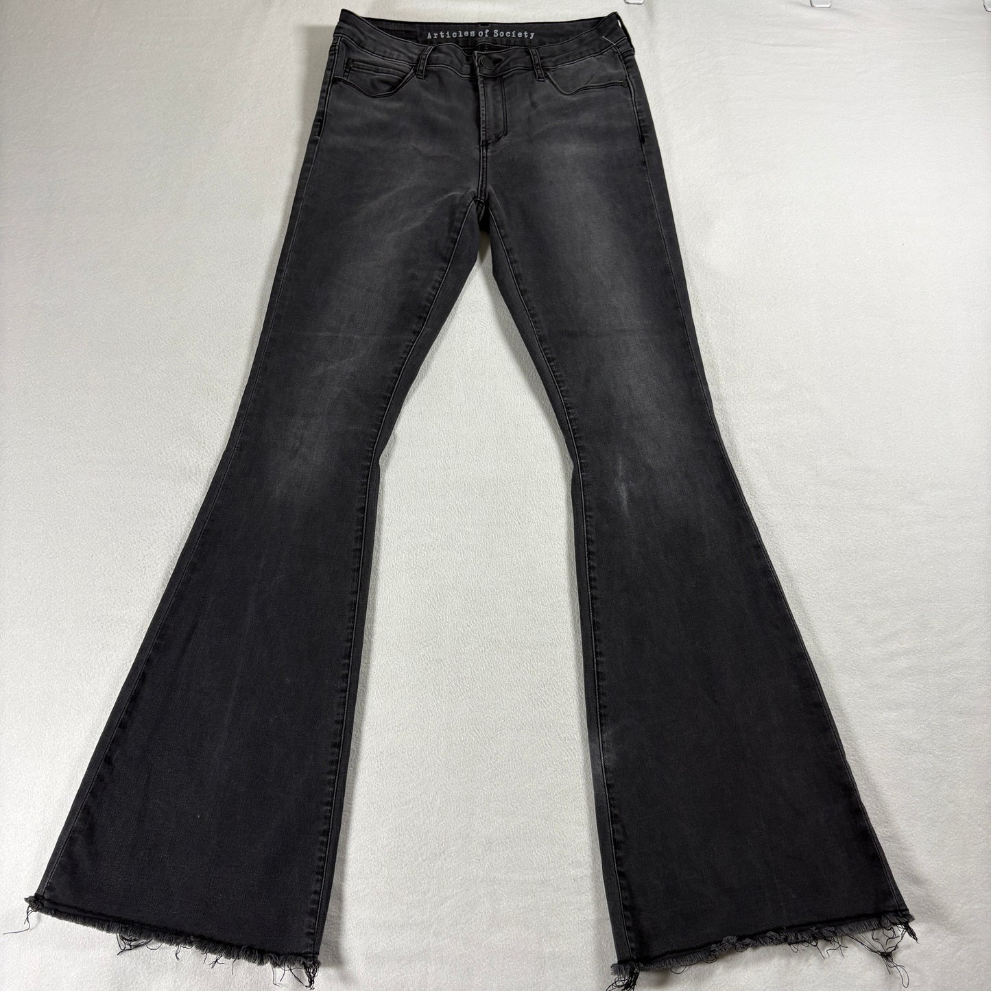 Articles Of Society Womens 28 High Rise Flare Jeans Black Frayed Hem Stretch
