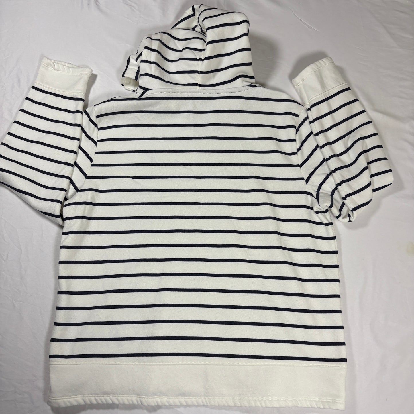Nautica Men’s Large White Navy Striped Hoodie Pullover Sweatshirt Kangaroo Pocket