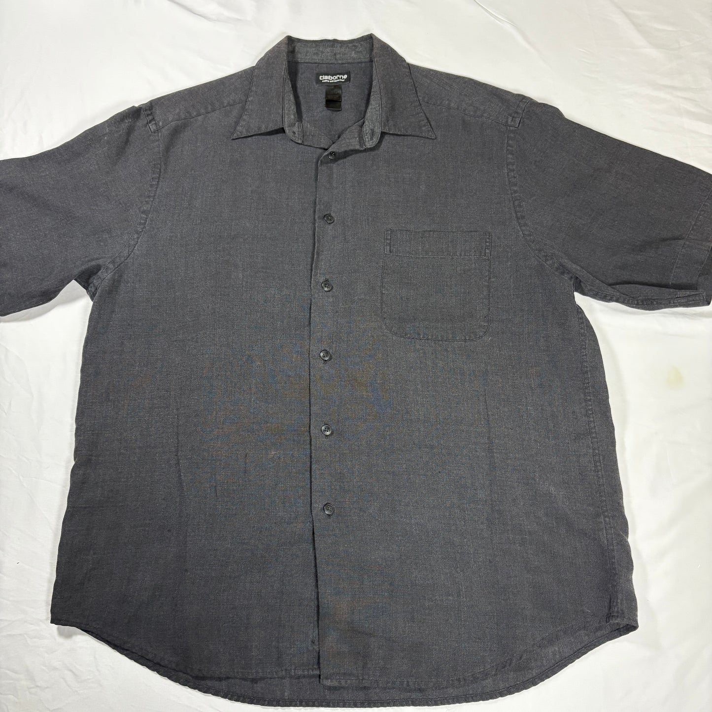 Claiborne Shirt XL Gray Linen Blend Short Sleeve Button Front Italy Fabric