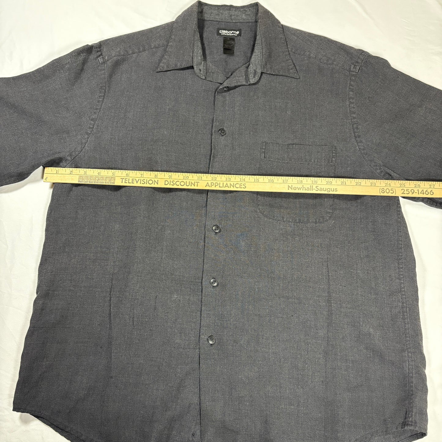 Claiborne Shirt XL Gray Linen Blend Short Sleeve Button Front Italy Fabric