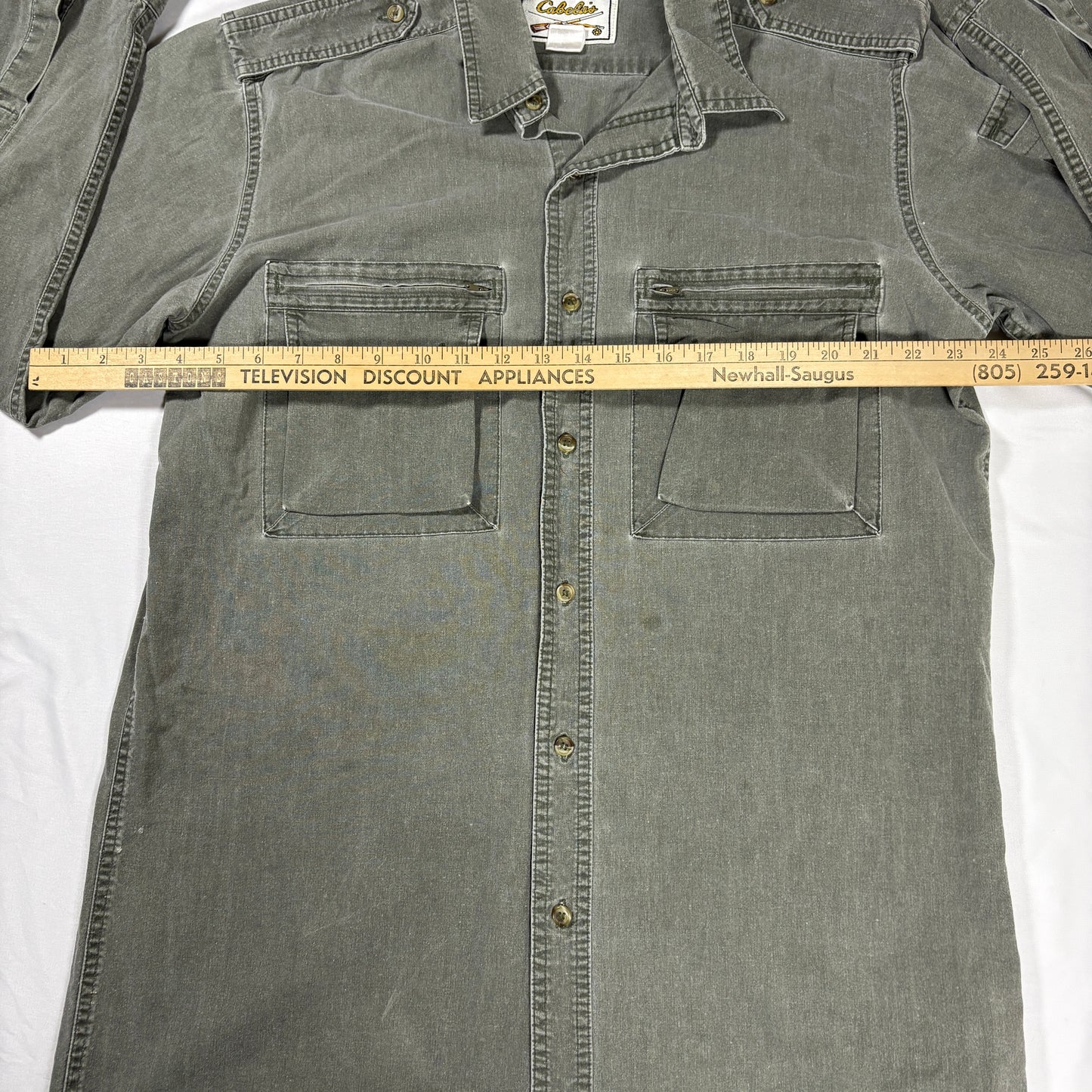 Cabela's Shirt M Green Utility Safari Outdoor Button Up Pockets Epaulets Cotton