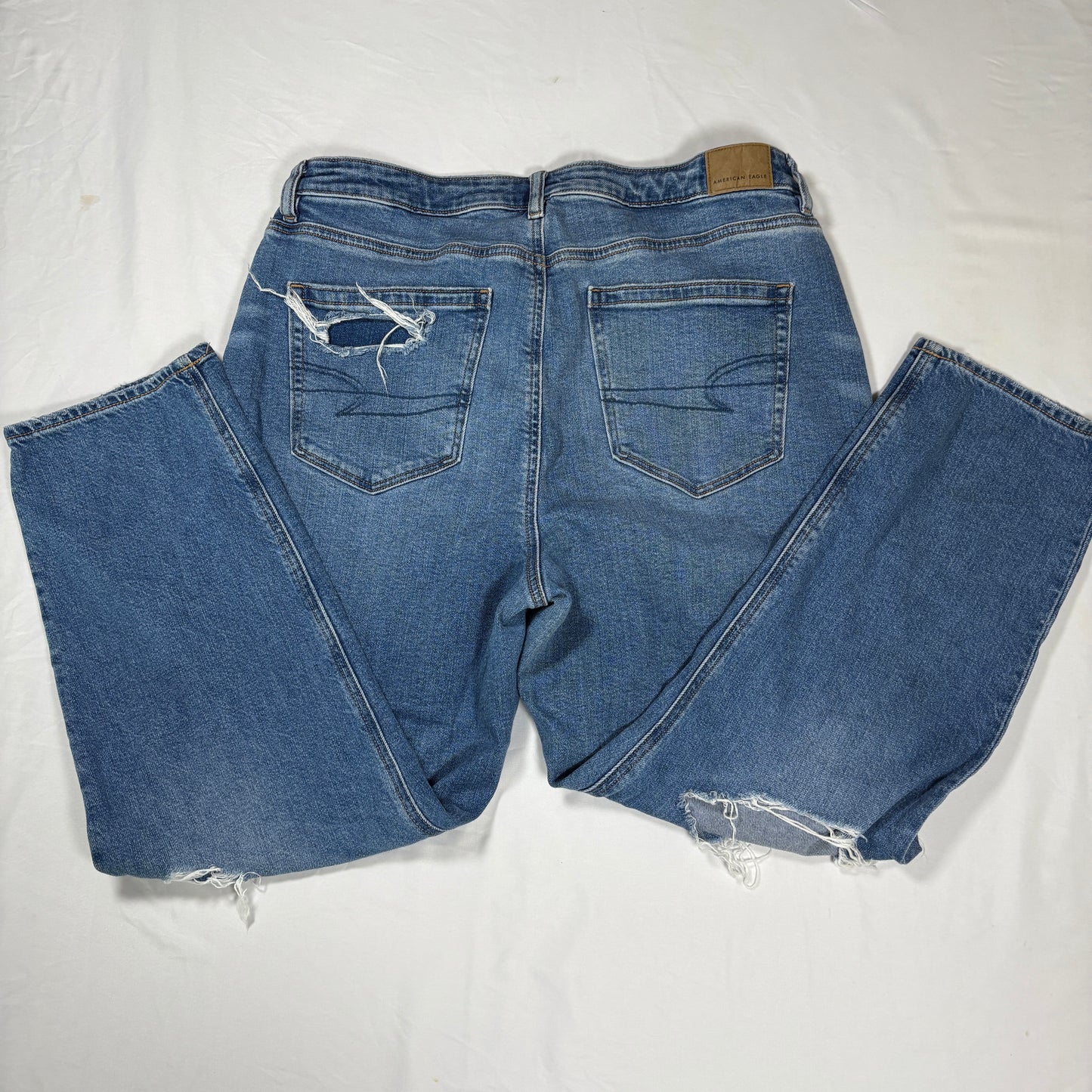 American Eagle Ripped Jeans Women 14 Short Distressed Strigid Blue Denim