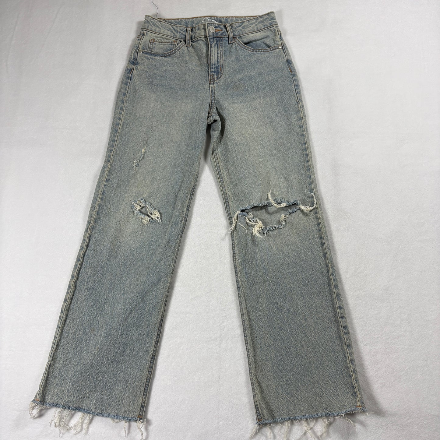 Vintage Distressed Jeans Womens 25X26 Light Wash Raw Hem Straight Leg Y2K Fit Up