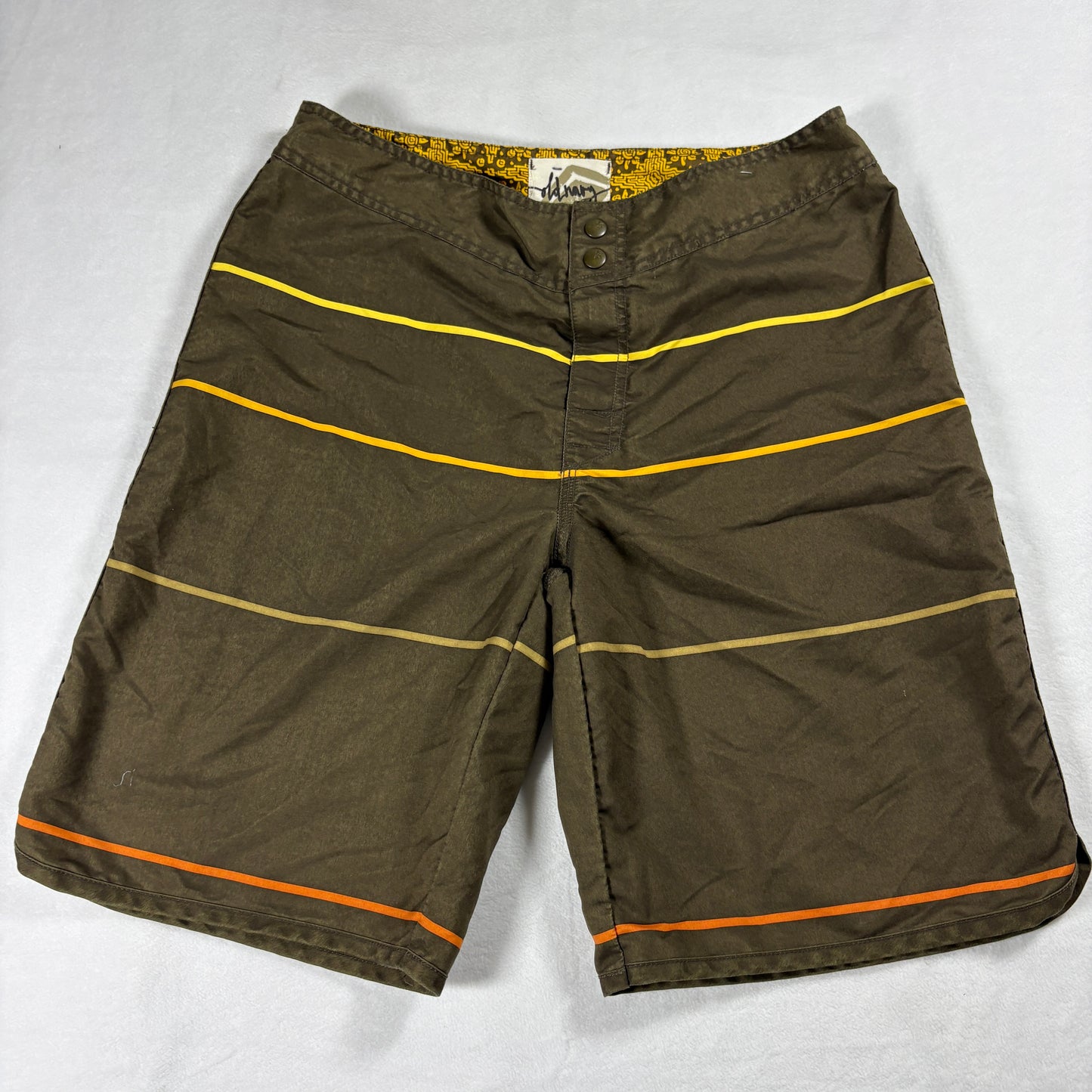 Volcom Board Shorts Mens Medium Brown Yellow Stripe Retro Surf Swim Shorts Beach