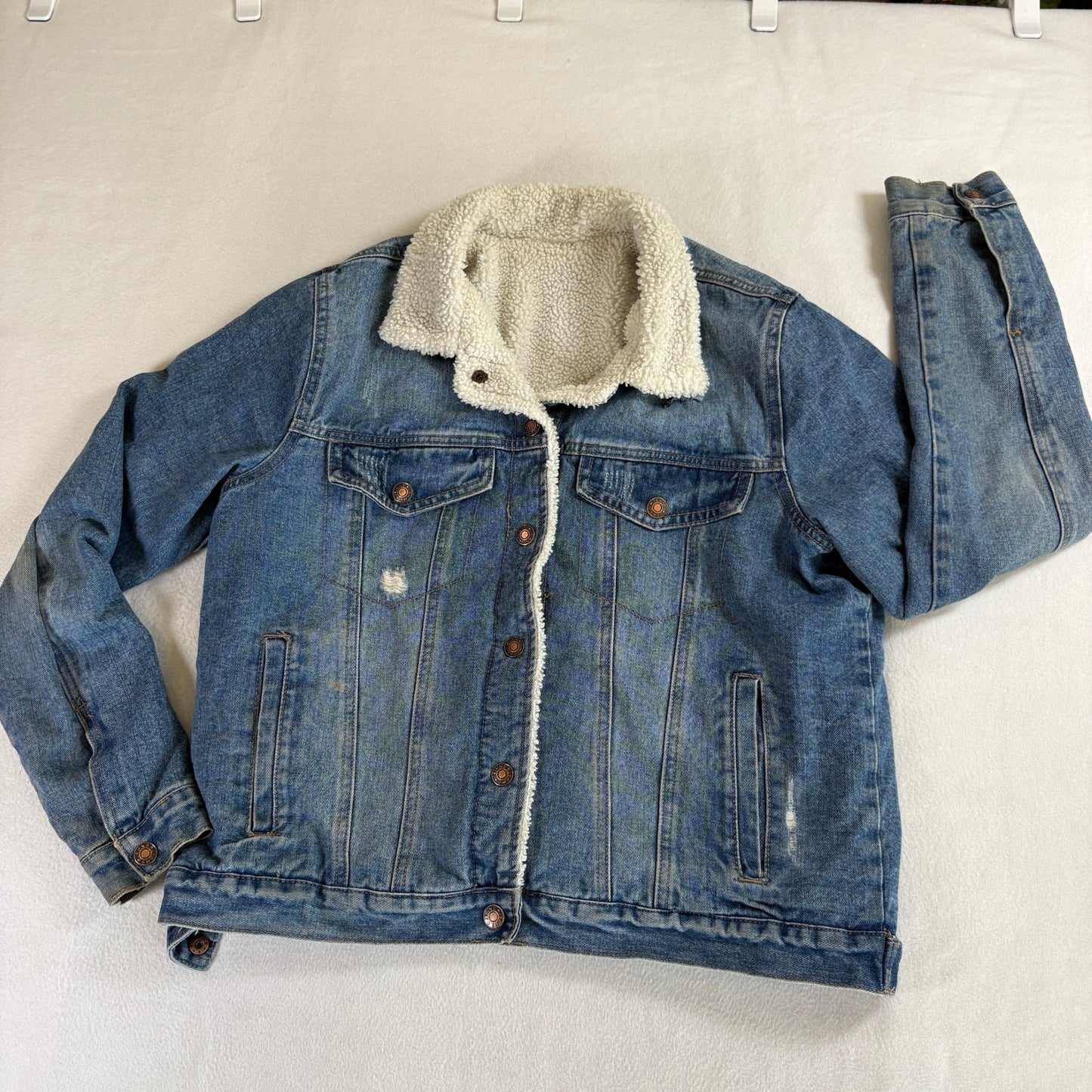 Jeans Sherpa Denim Jacket Womens Large Distressed Blue Trucker Coat