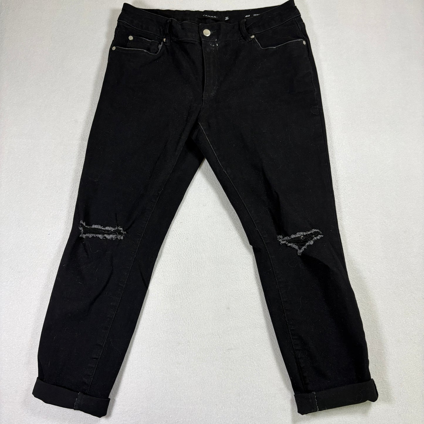 Tahari Women’s Jeans 12/31 Black Kelly Mid Rise Skinny Distressed Knees