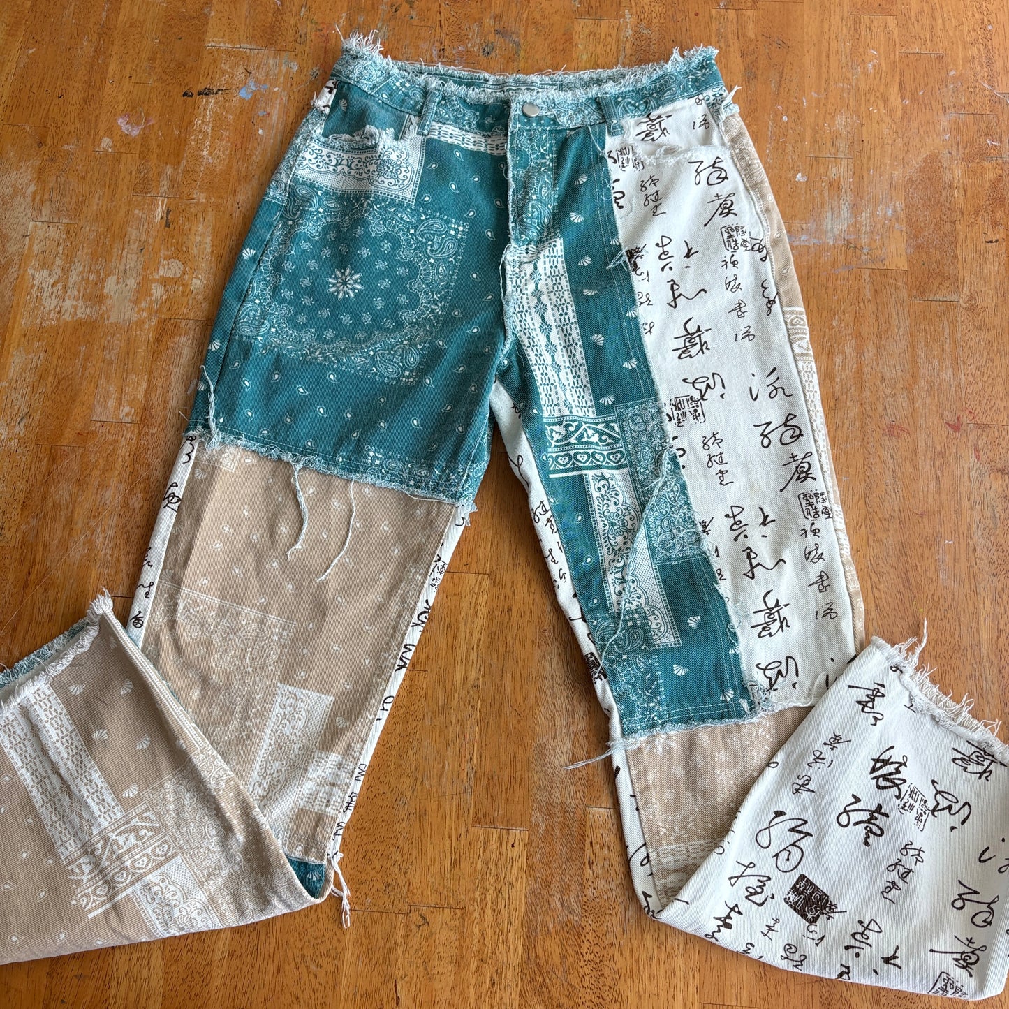 Vintage Y2K Patchwork Womens Wide Leg Jeans Frayed Waist Boho Grunge 32x32