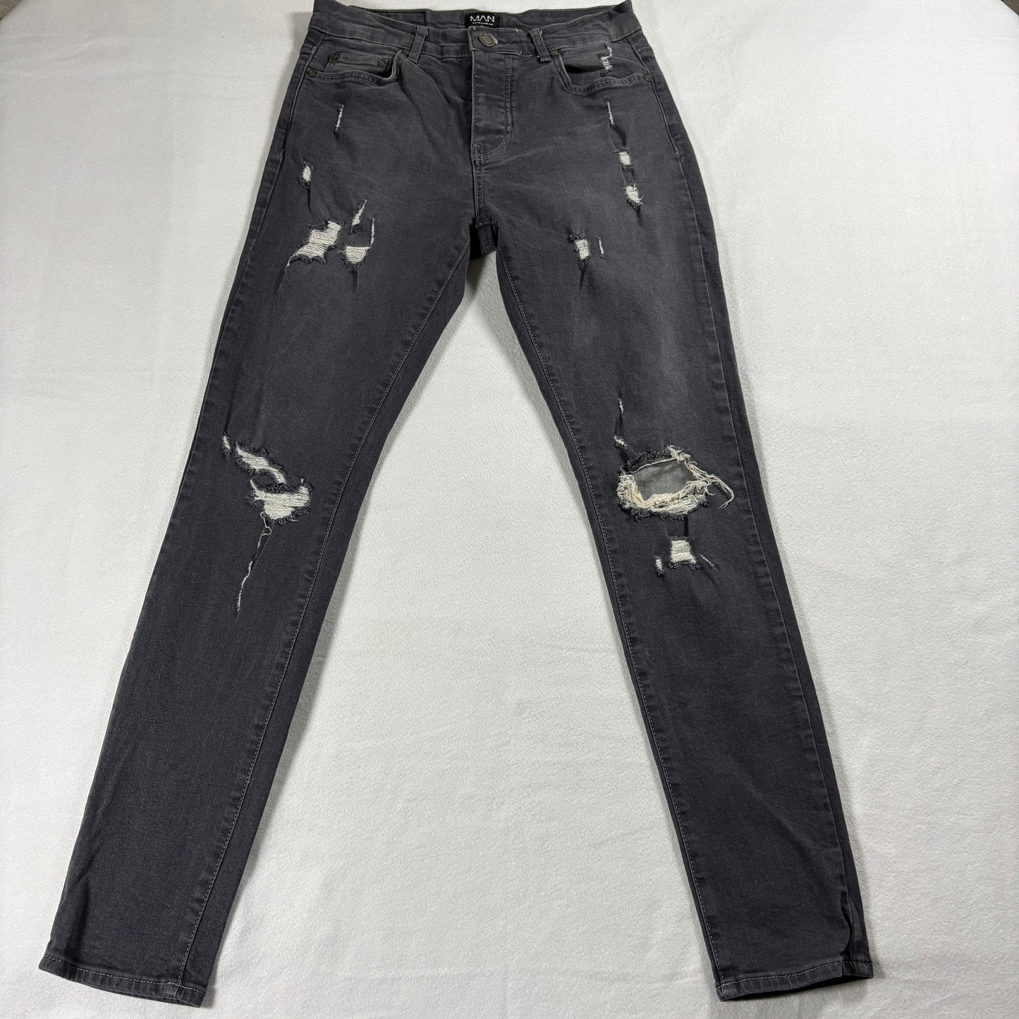 BoohooMAN Skinny Jeans Mens 32 Black Distressed Stretch Streetwear Y2K Grunge X