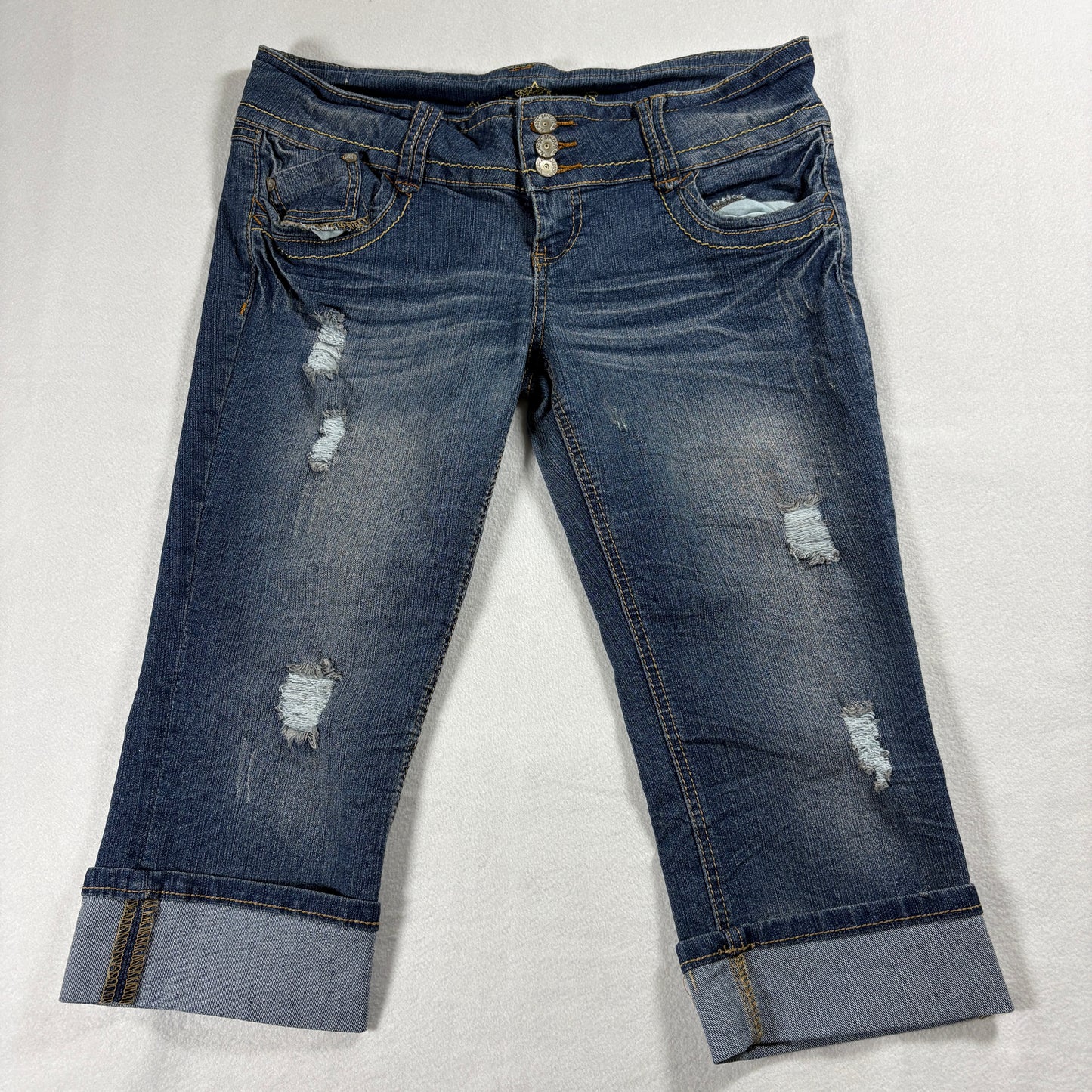 Almost Famous Jeans Womens Capri Distressed Size 13 Blue Cuffed Denim Y2K Retros