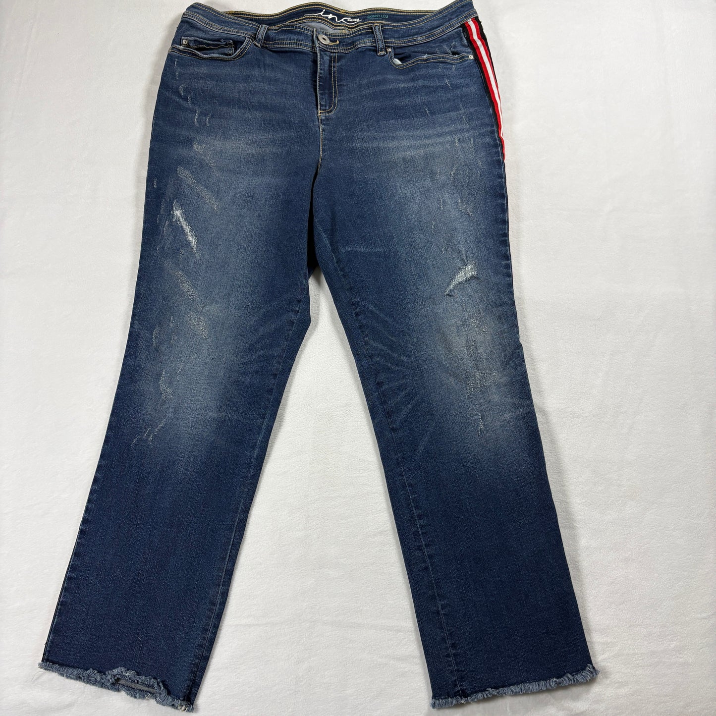 INC Jeans Womens 16 Blue Skinny Leg Distressed Side Stripe Y2K Denim Retro ChicX