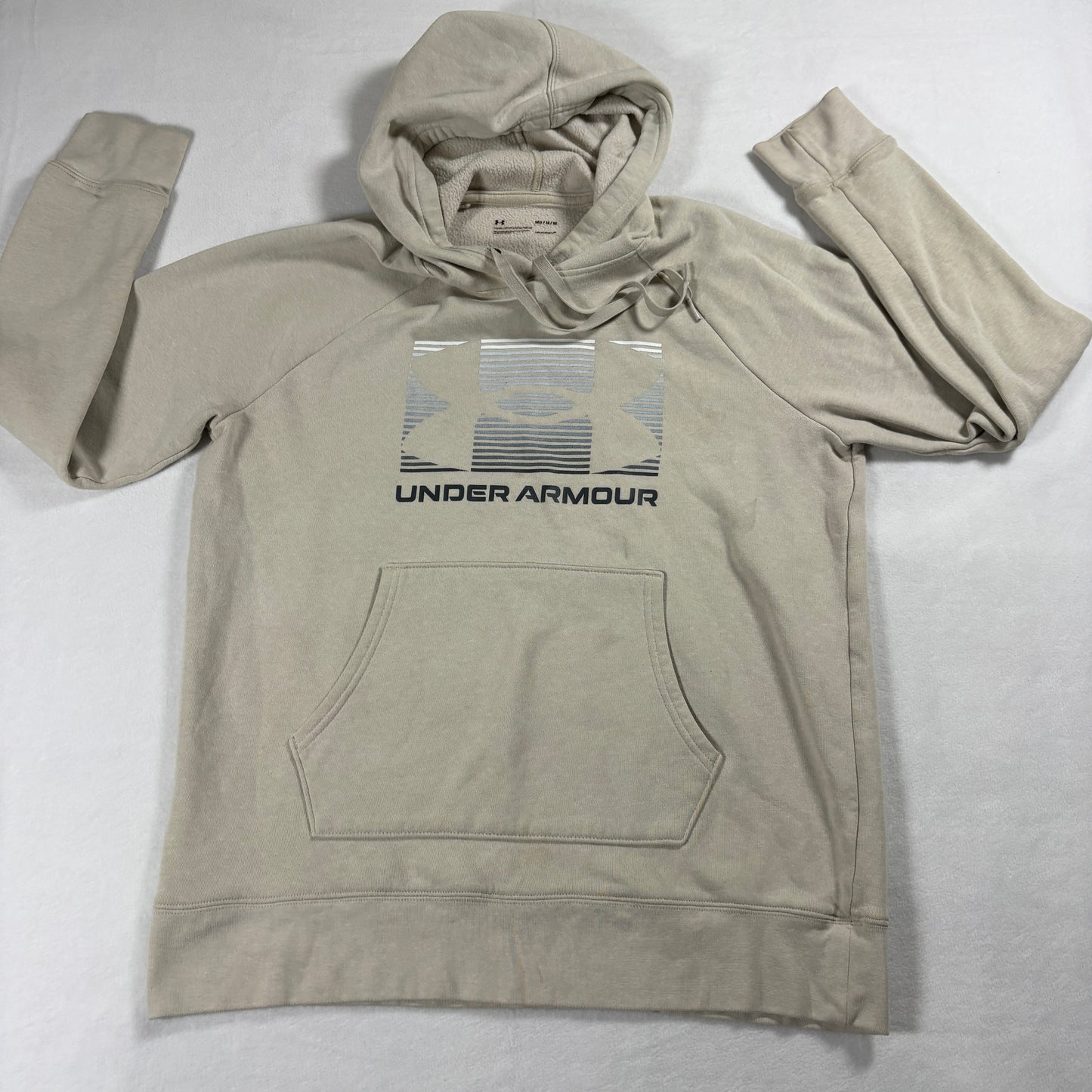 Under Armour Hoodie Mens Medium Beige Streetwear Heatgear Pullover Logo Tan Cozy