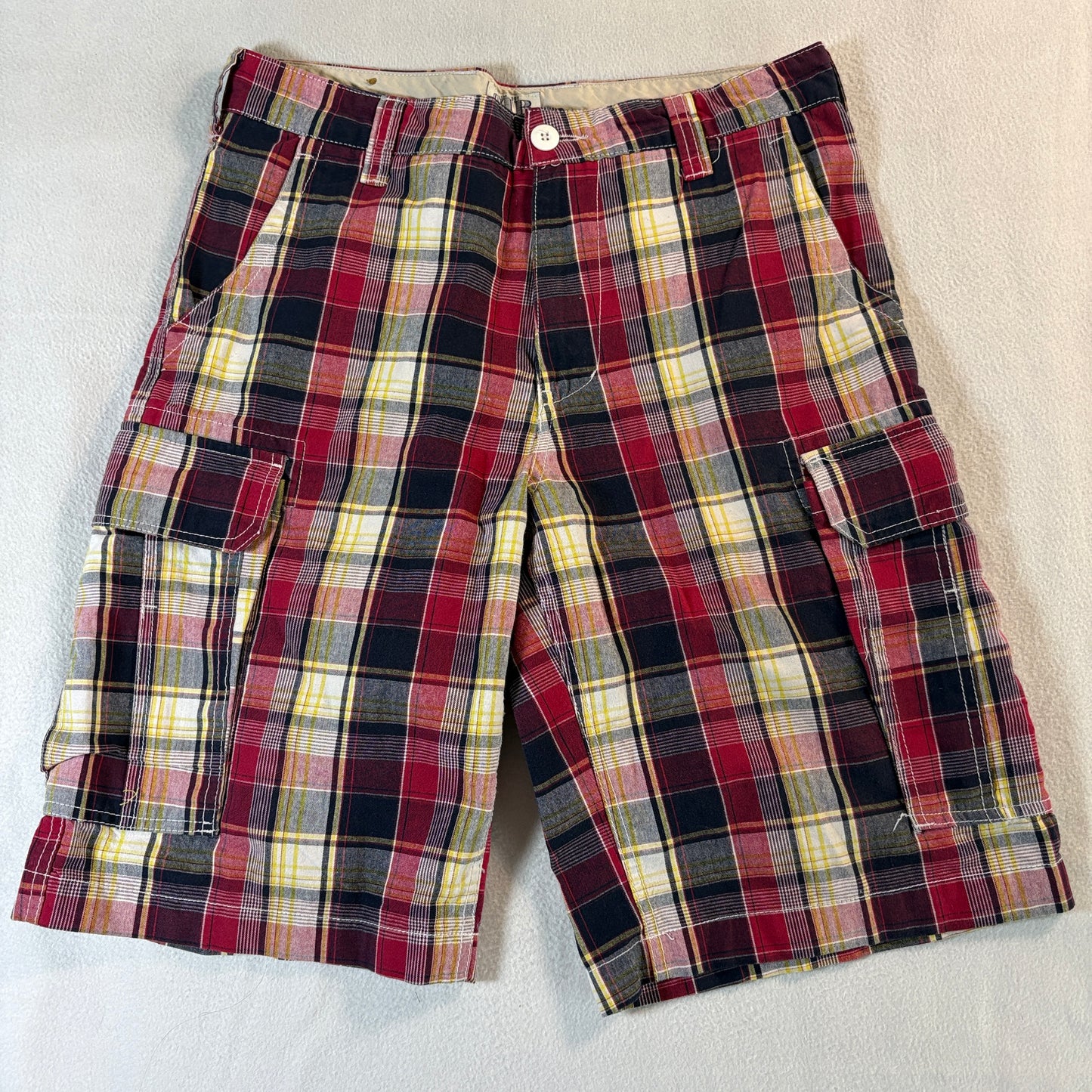 OTB Plaid Cargo Shorts Mens 32 Fits Like 32 Red Madras Y2K Skate Utility Pockets