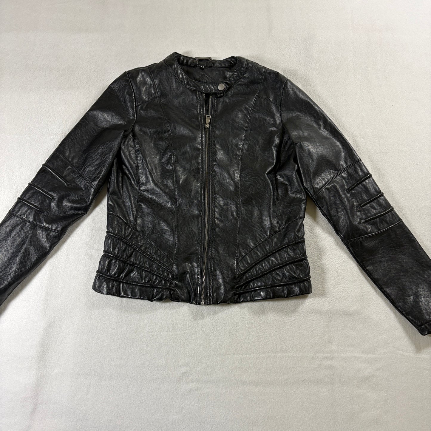 JouJou Moto Faux Leather Jacket Womens M Fits Like S Black Y2K Zip Biker Tear