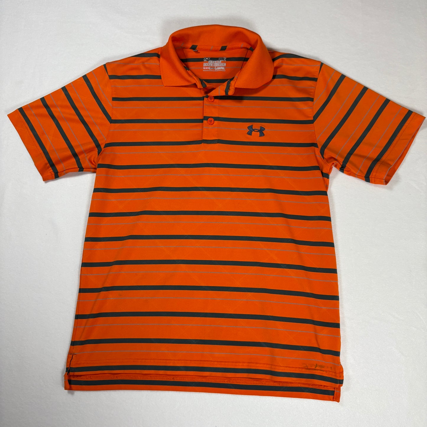 Under Armour Polo Shirt Mens L Orange Black Striped HeatGear Performance Golf