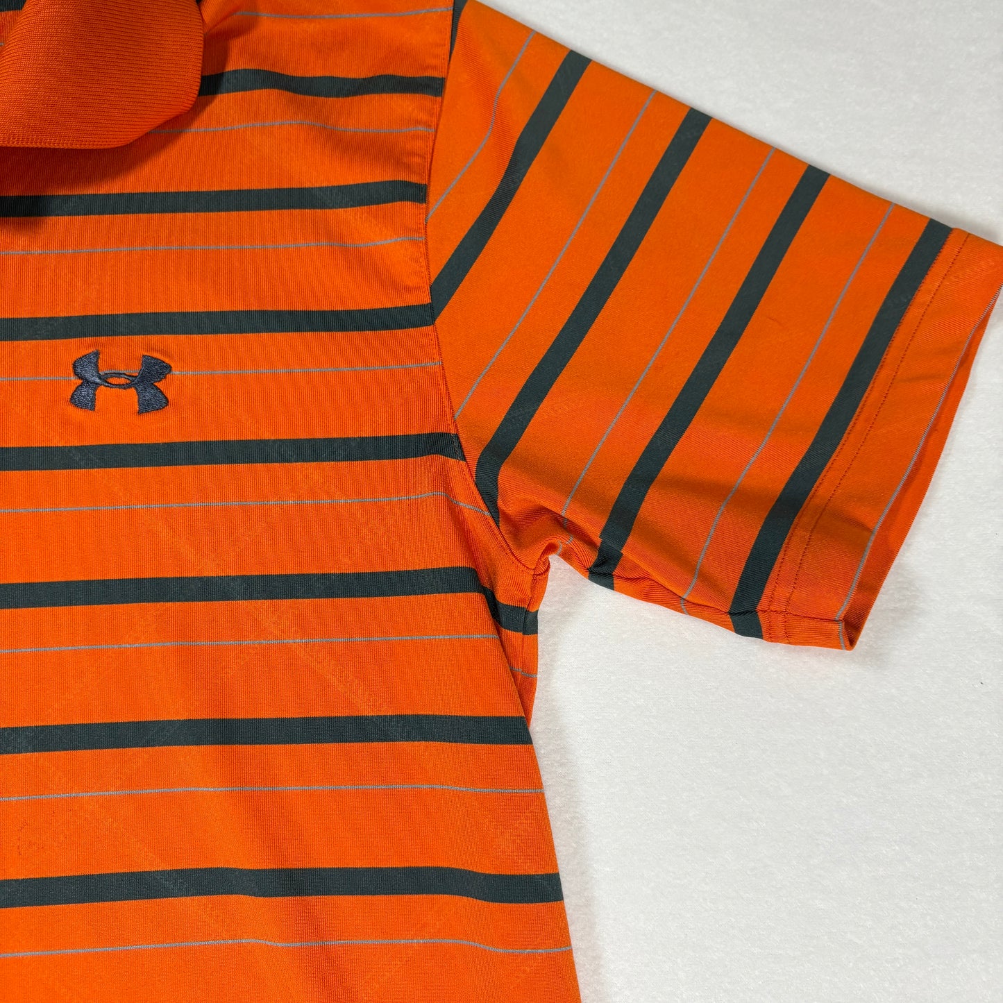 Under Armour Polo Shirt Mens L Orange Black Striped HeatGear Performance Golf
