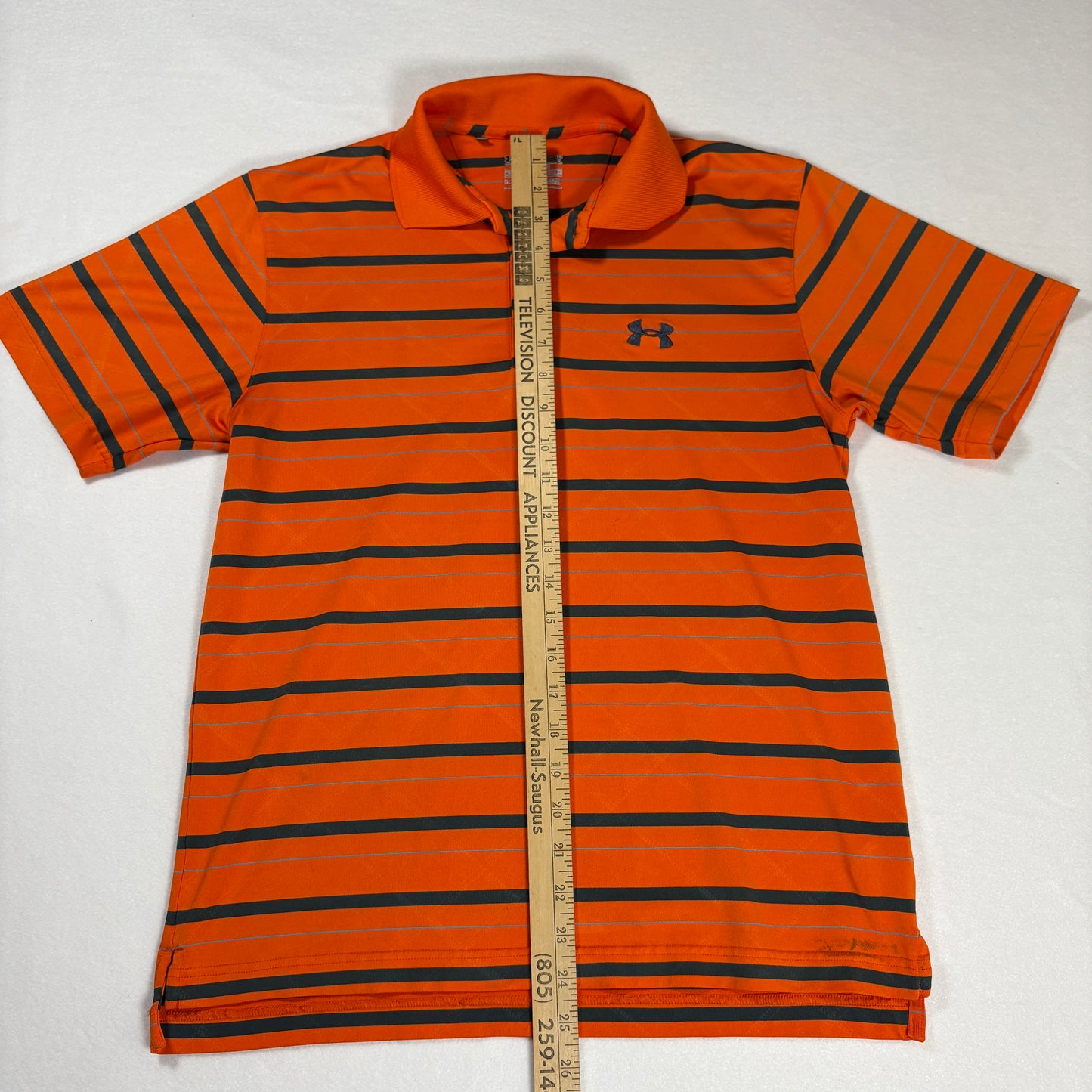 Under Armour Polo Shirt Mens L Orange Black Striped HeatGear Performance Golf