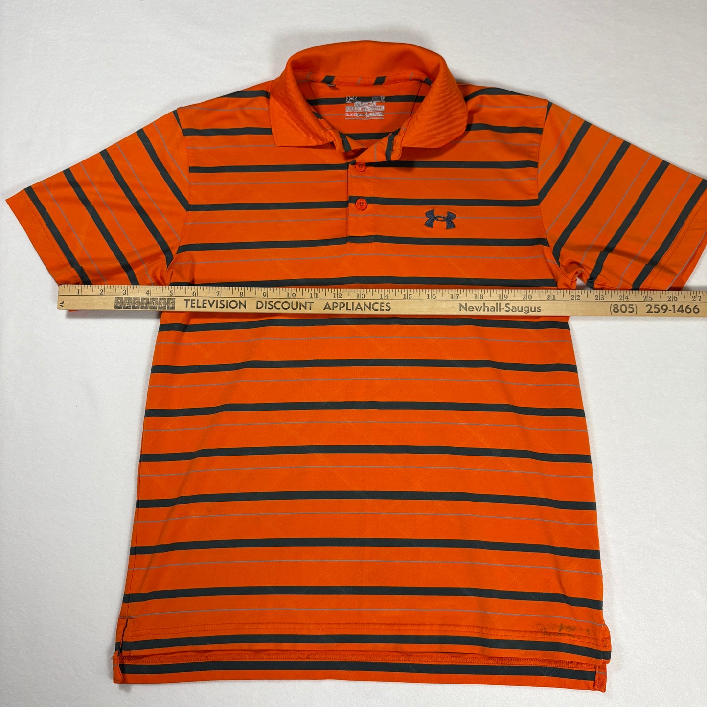 Under Armour Polo Shirt Mens L Orange Black Striped HeatGear Performance Golf